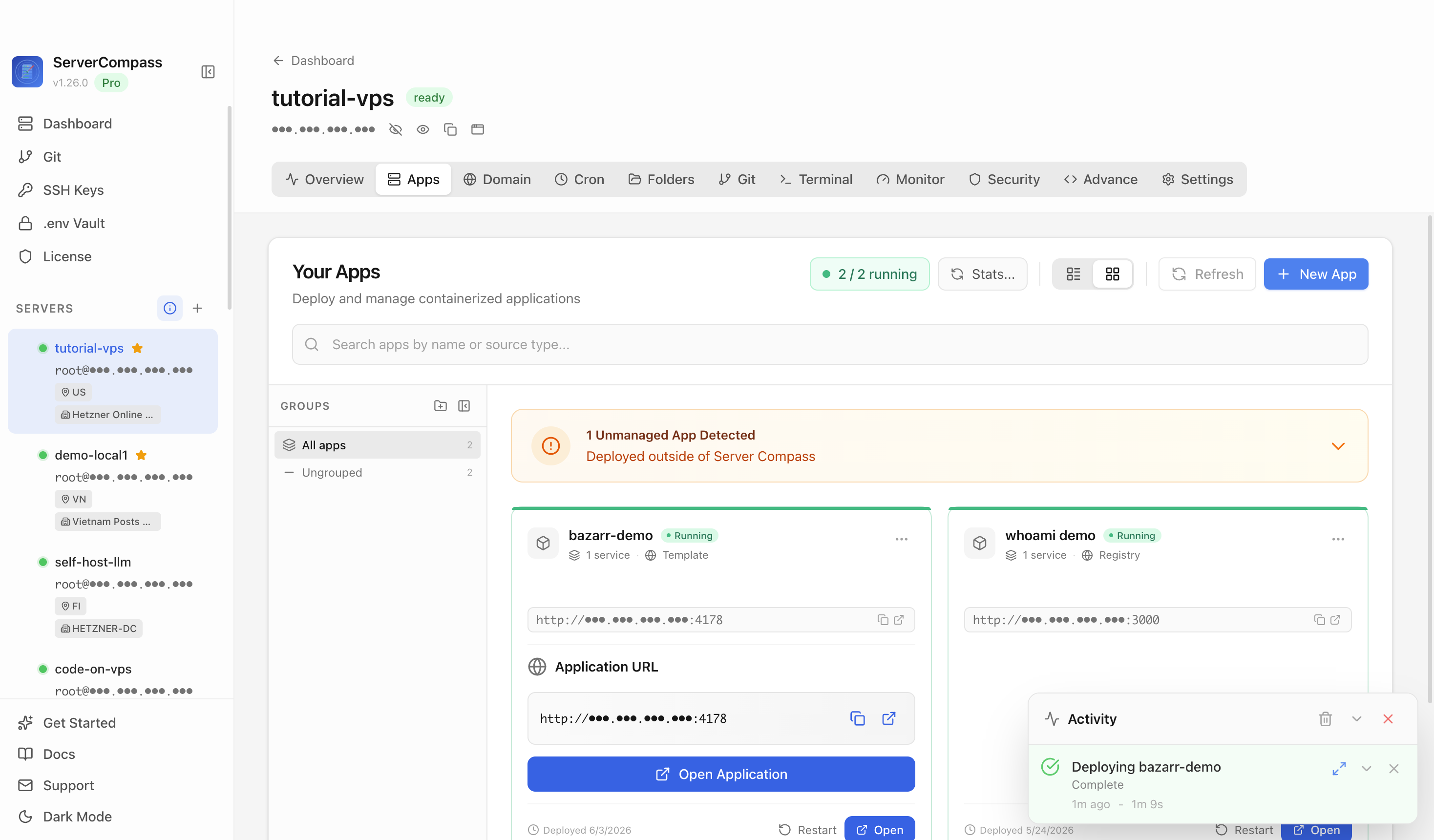 Bazarr template running in the Server Compass Apps tab