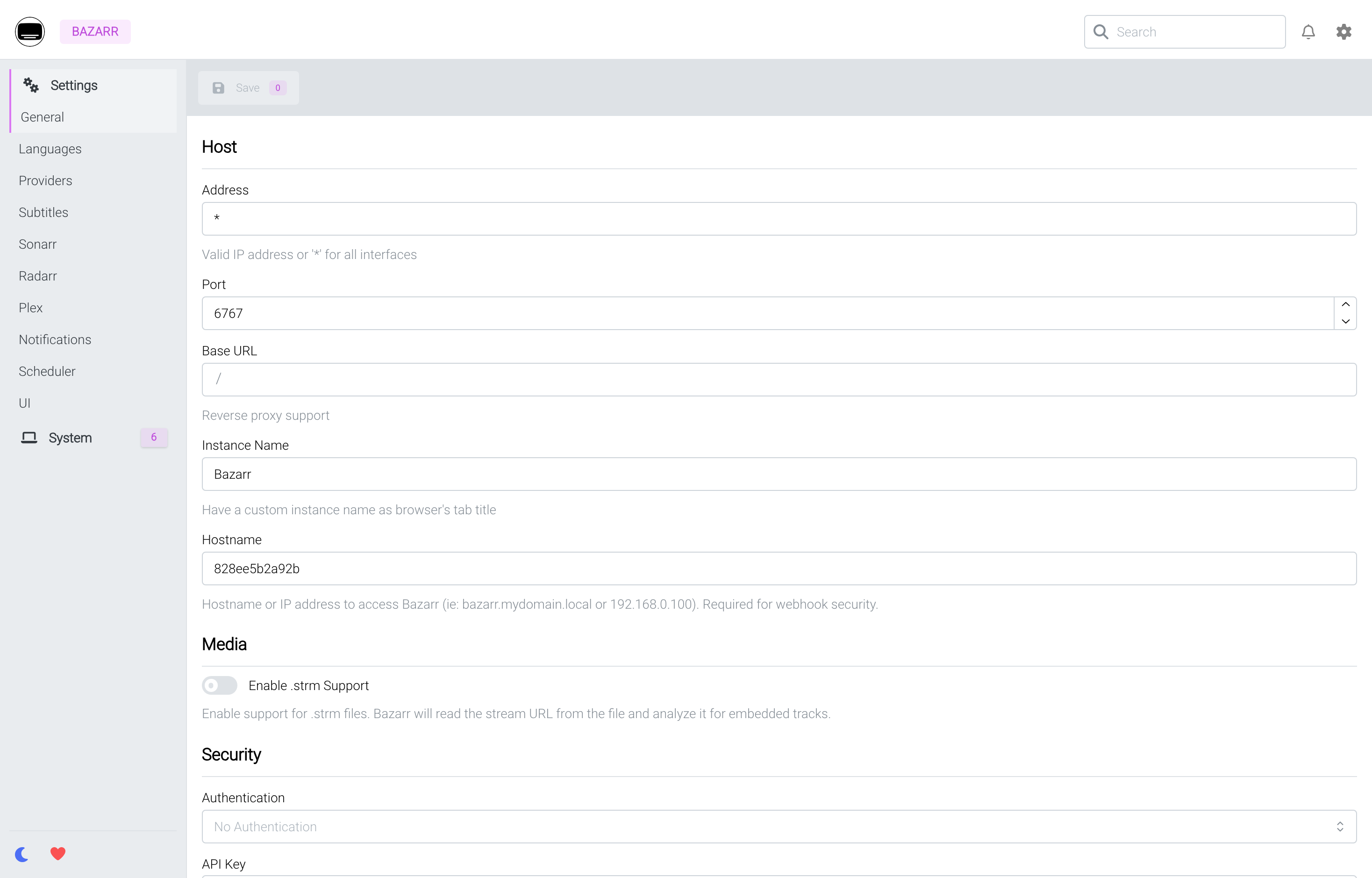 The deployed Bazarr web UI loaded in a browser