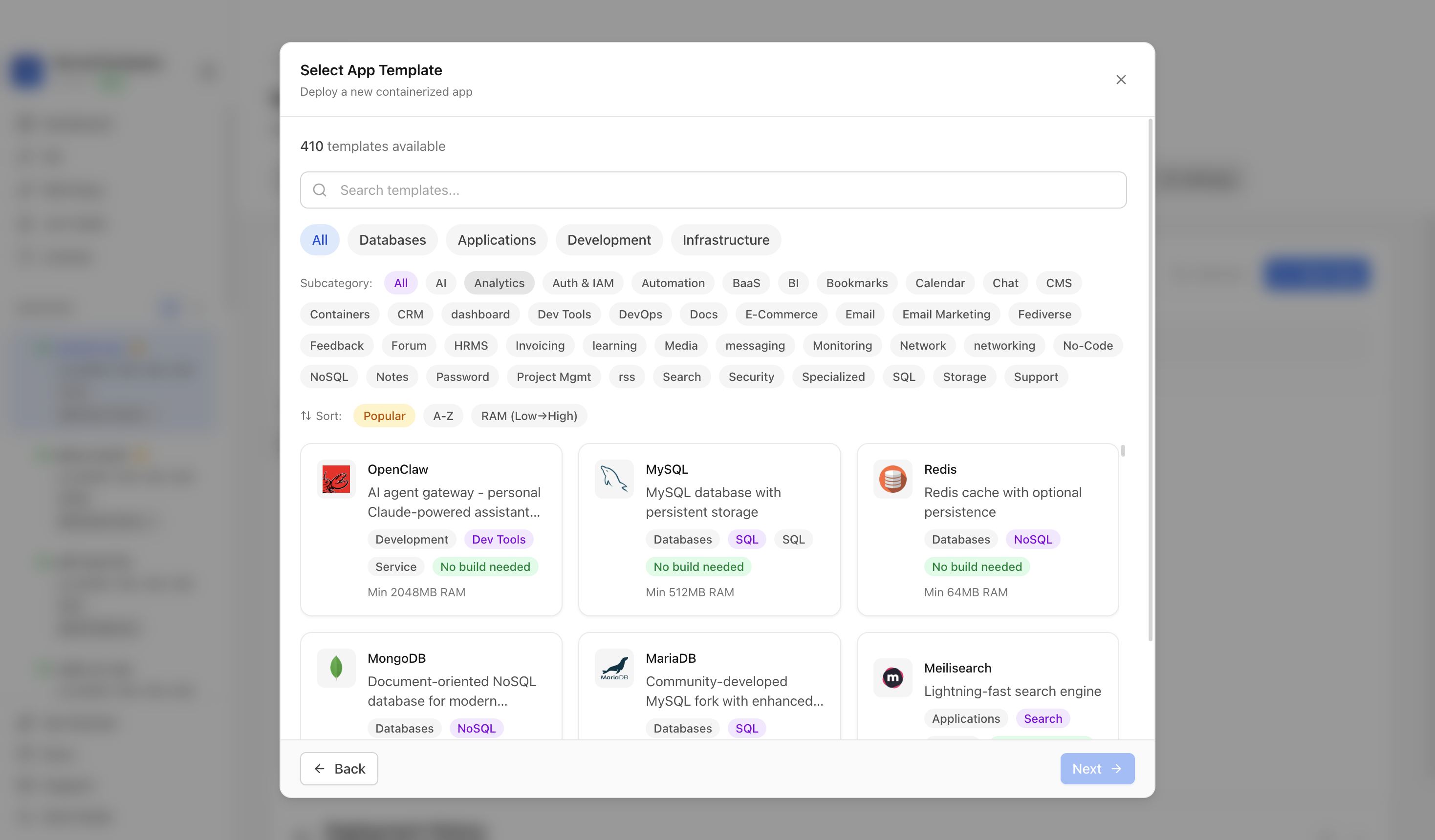 Choosing to deploy an app from a Server Compass template