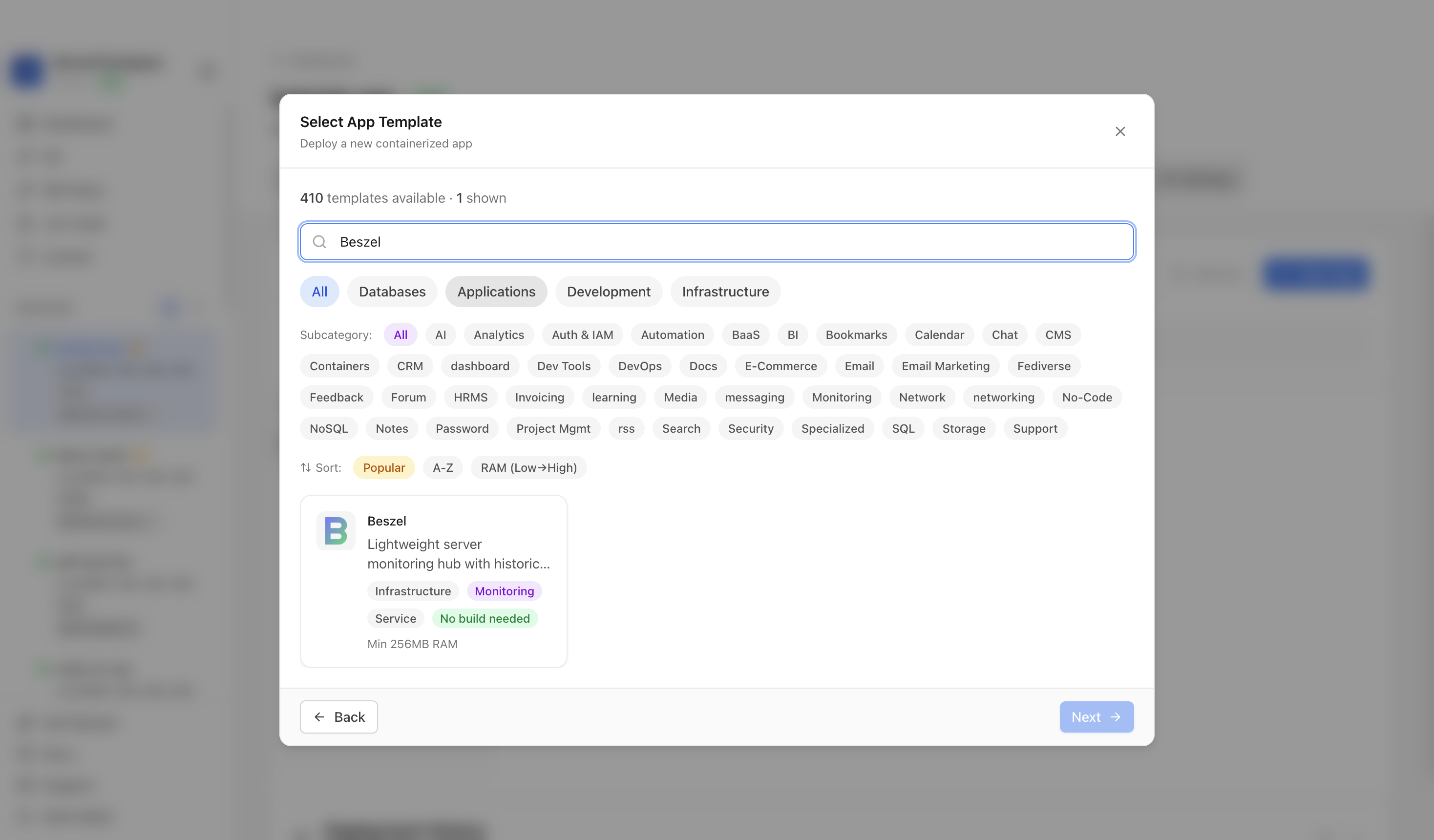 Searching for Beszel in the Server Compass template picker