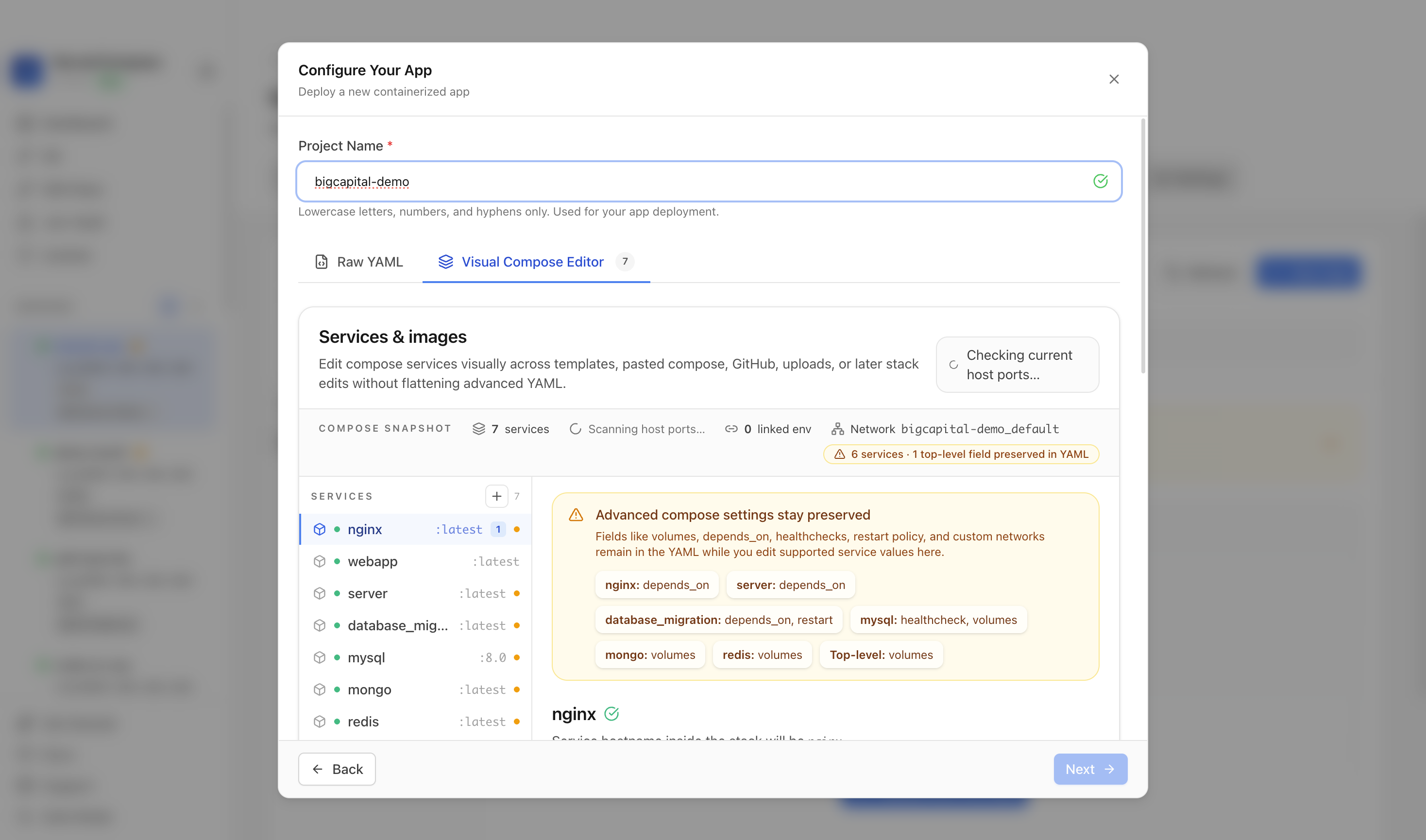 Reviewing Bigcapital project settings and compose services