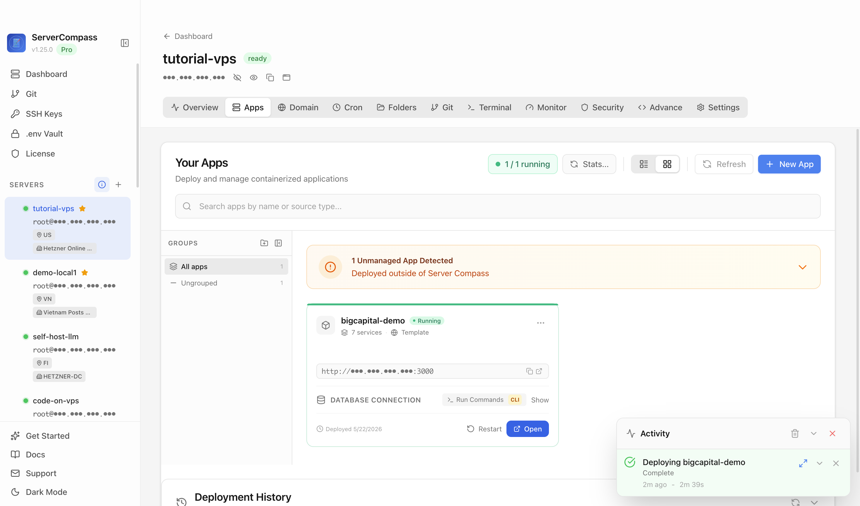Bigcapital template running in the Server Compass Apps tab