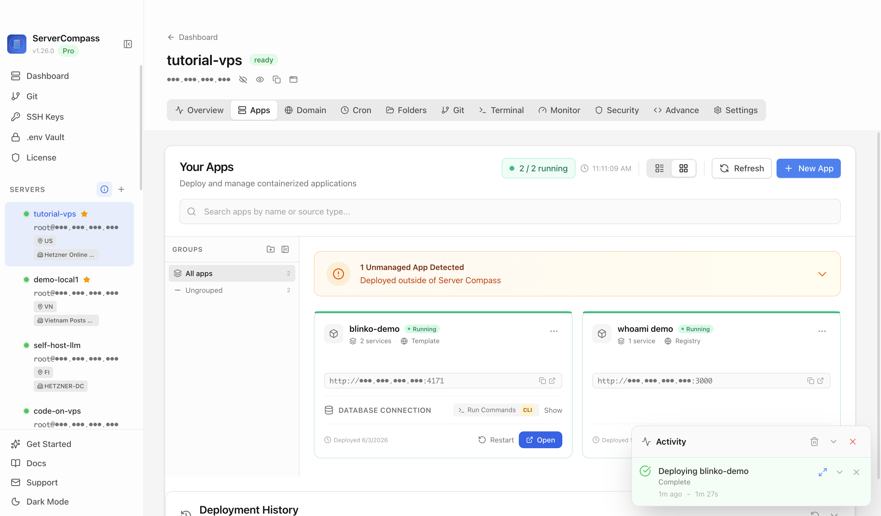 Blinko template running in the Server Compass Apps tab