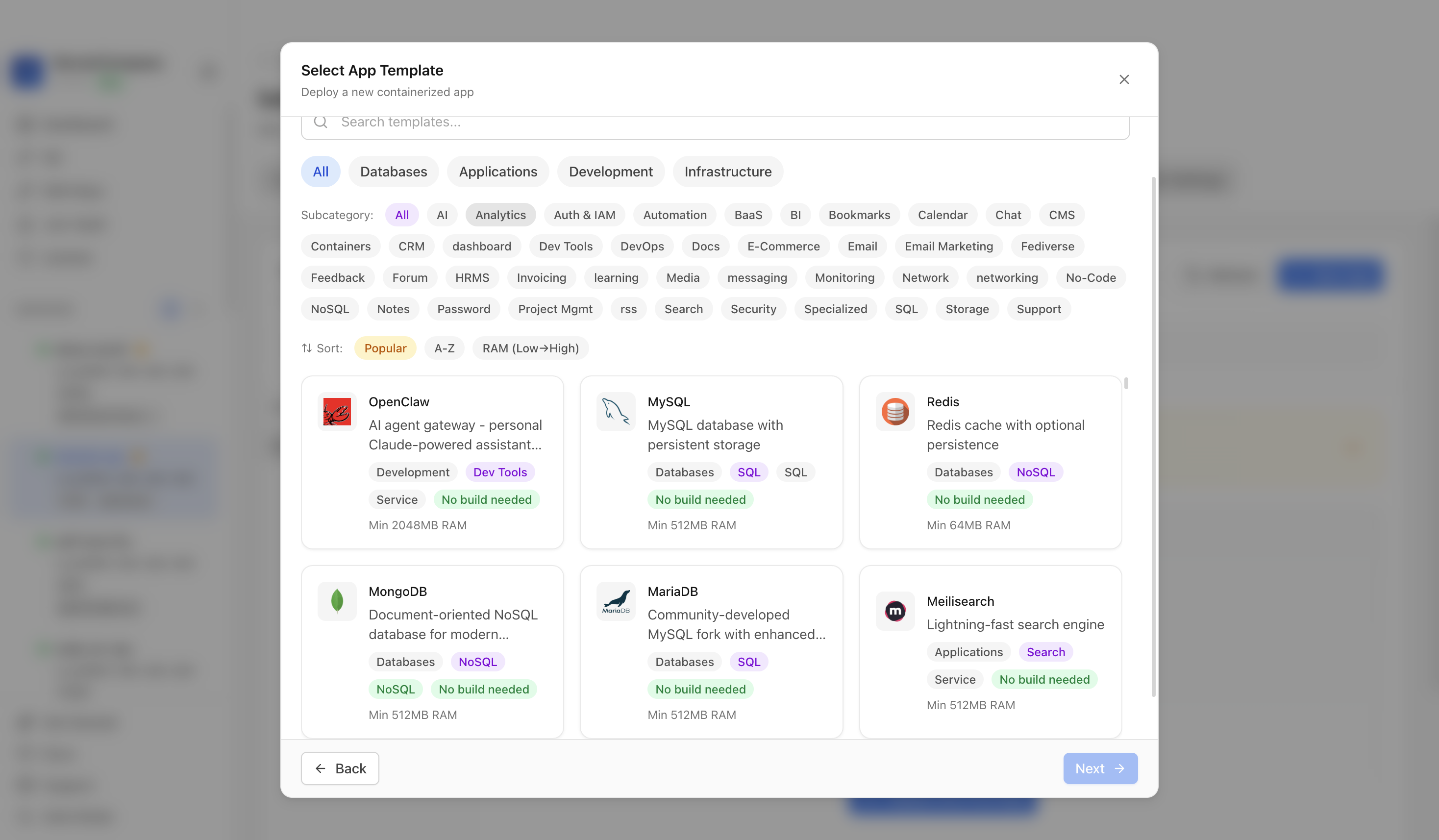 Choosing to deploy an app from a Server Compass template