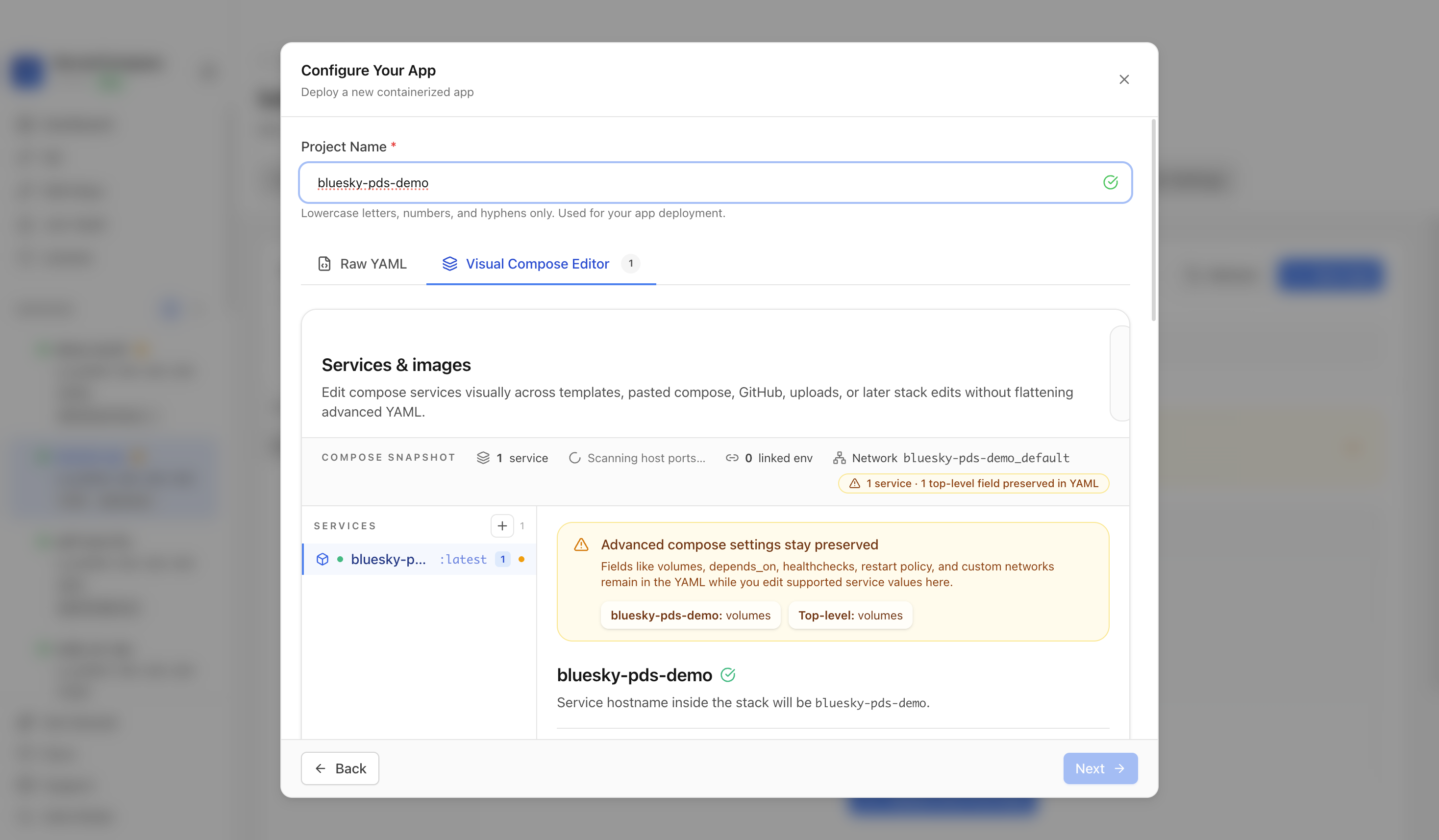 Reviewing Bluesky PDS project settings and compose service