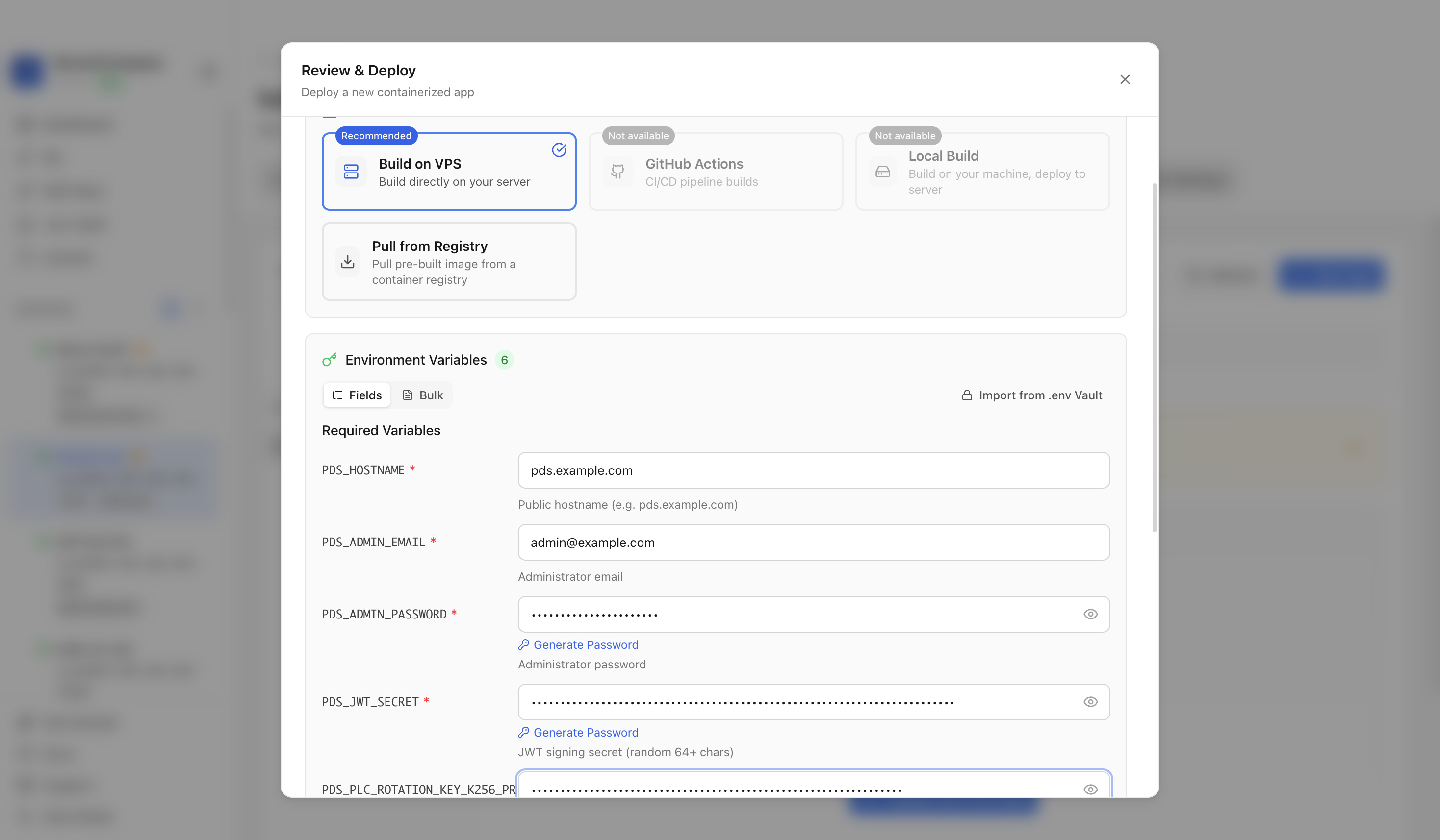 Reviewing Bluesky PDS hostname, secrets, and health-check port before deployment