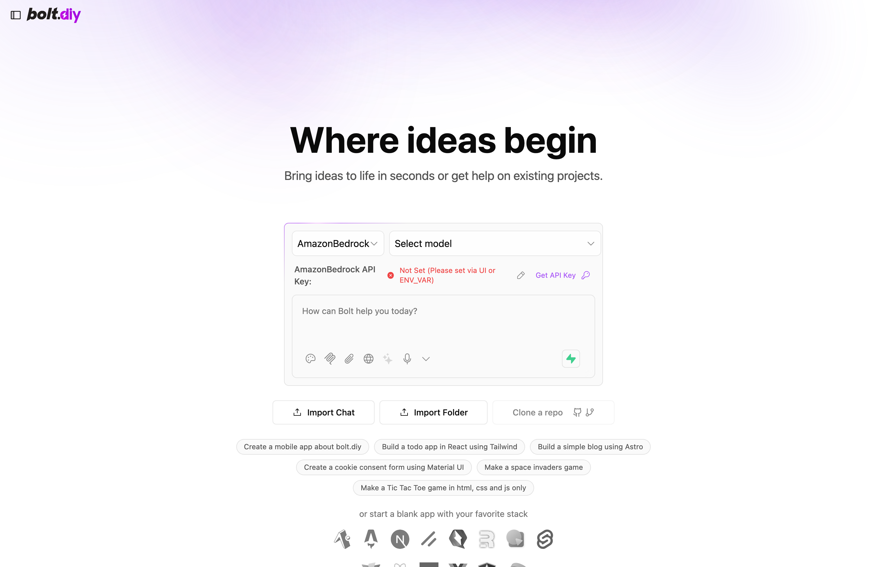 The deployed Bolt.diy web UI loaded in a browser