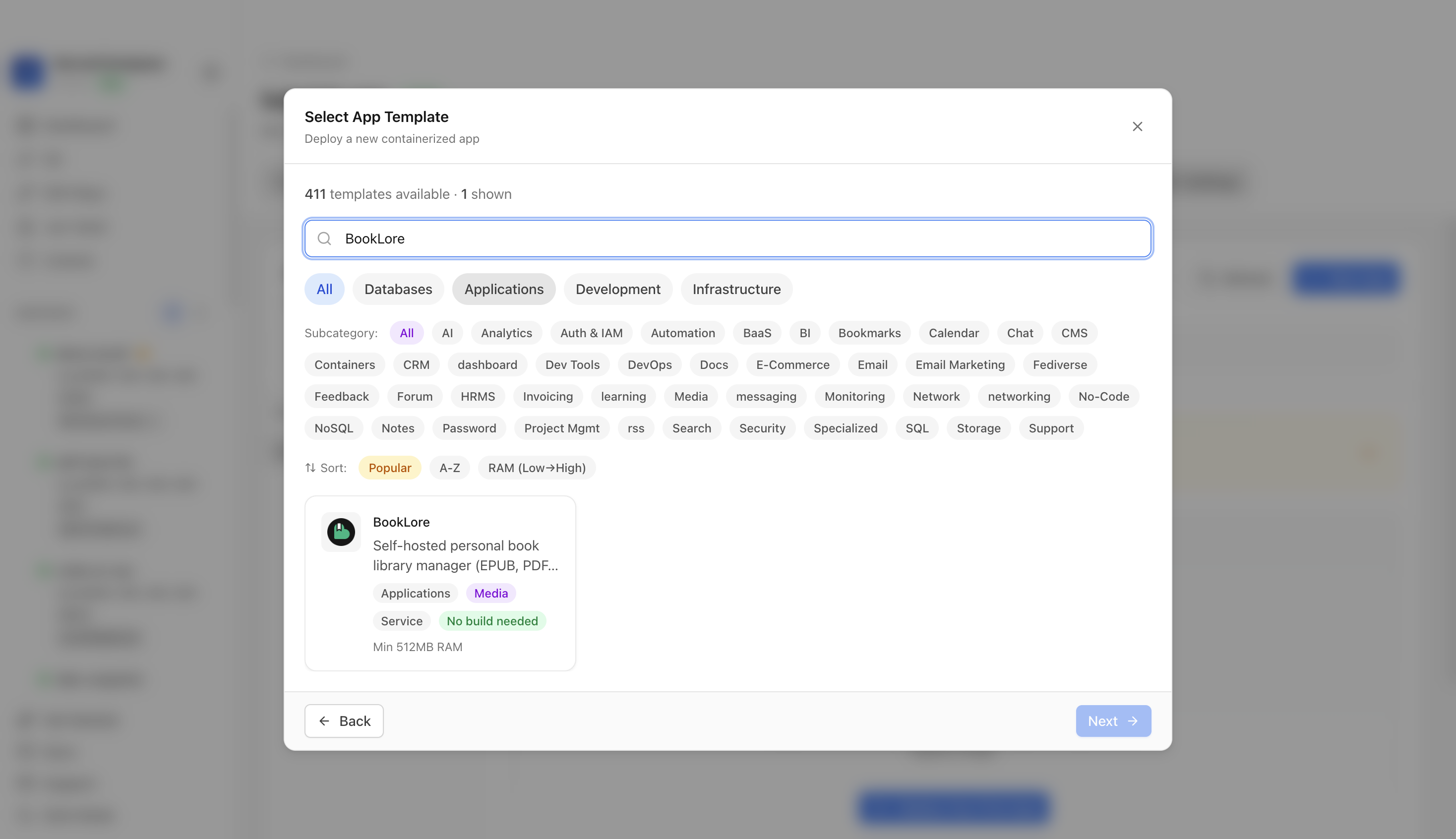 Searching for BookLore in the Server Compass template picker