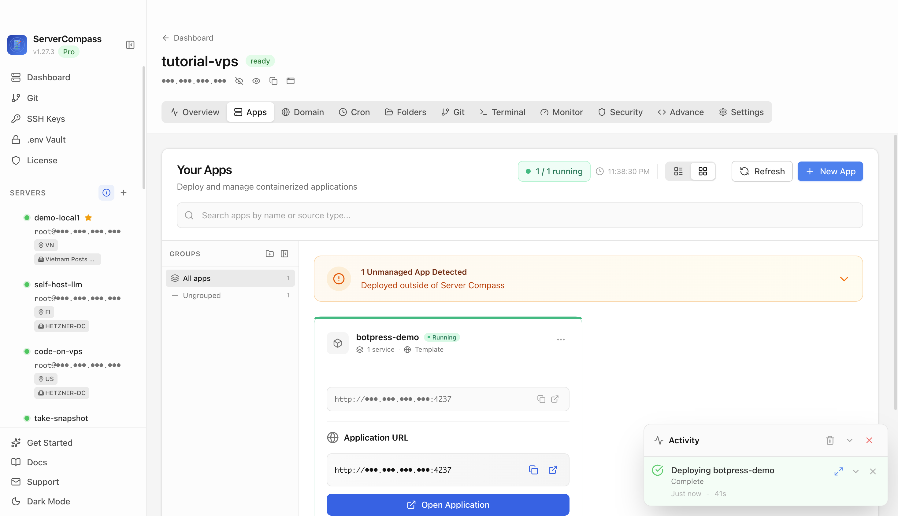 Botpress template running in the Server Compass Apps tab