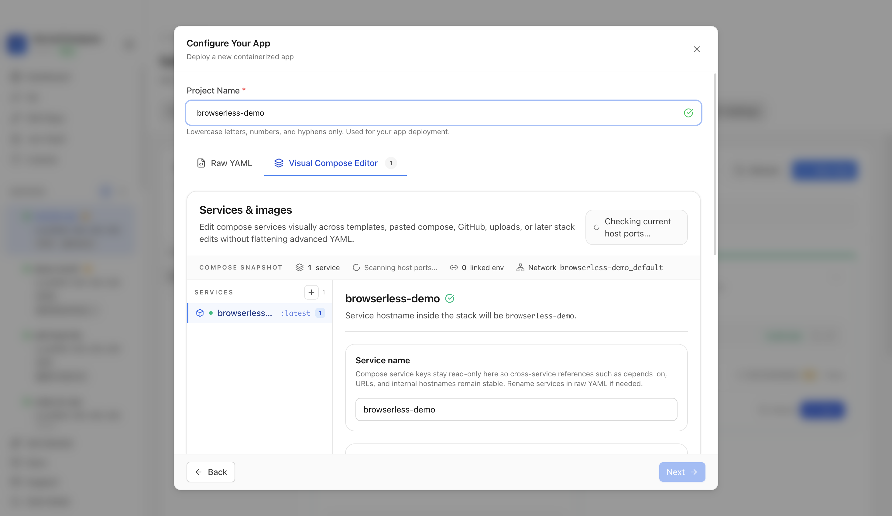 Reviewing Browserless project settings and compose services