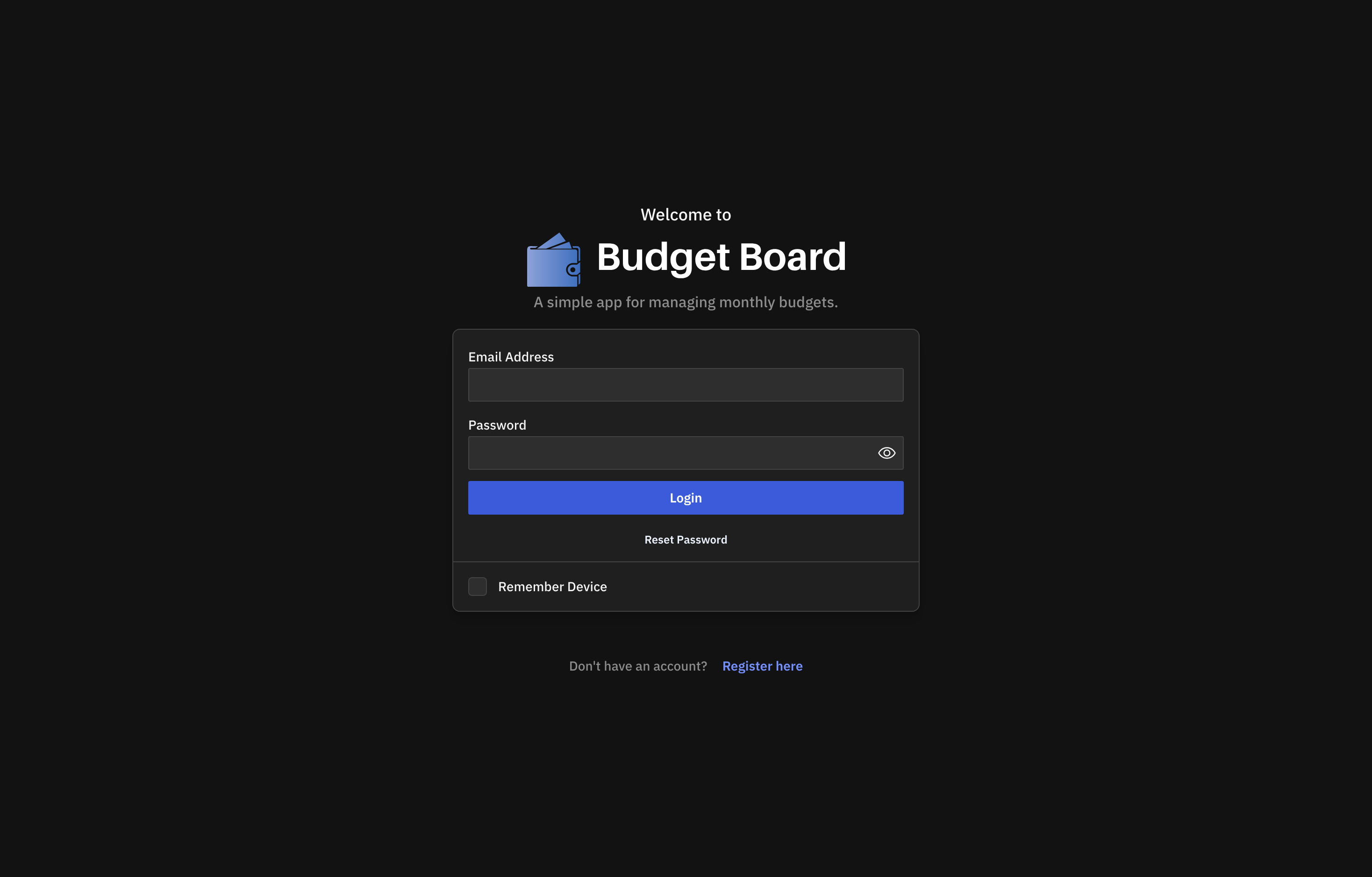 The deployed Budget Board web UI loaded in a browser