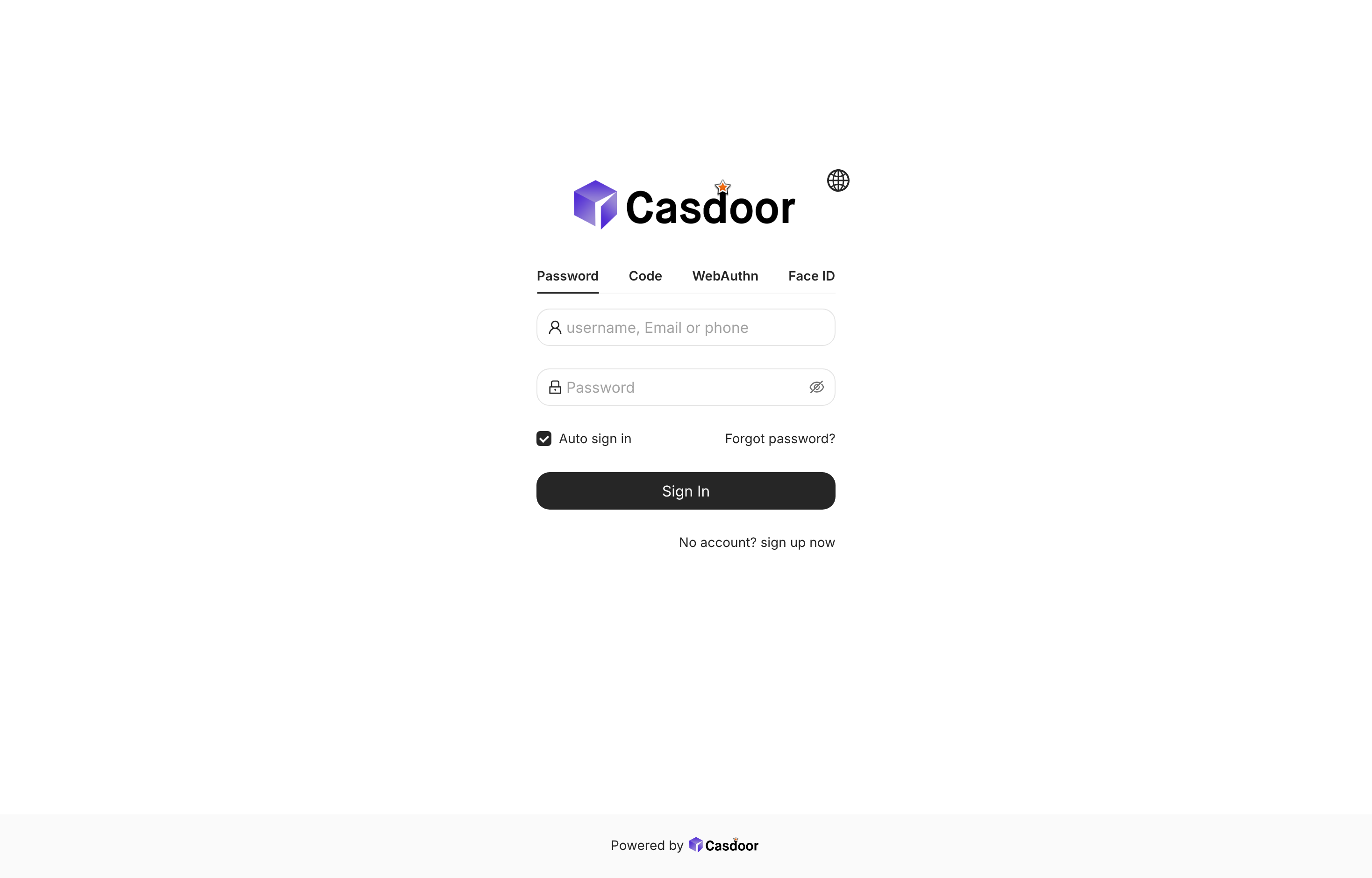 The deployed Casdoor web UI loaded in a browser