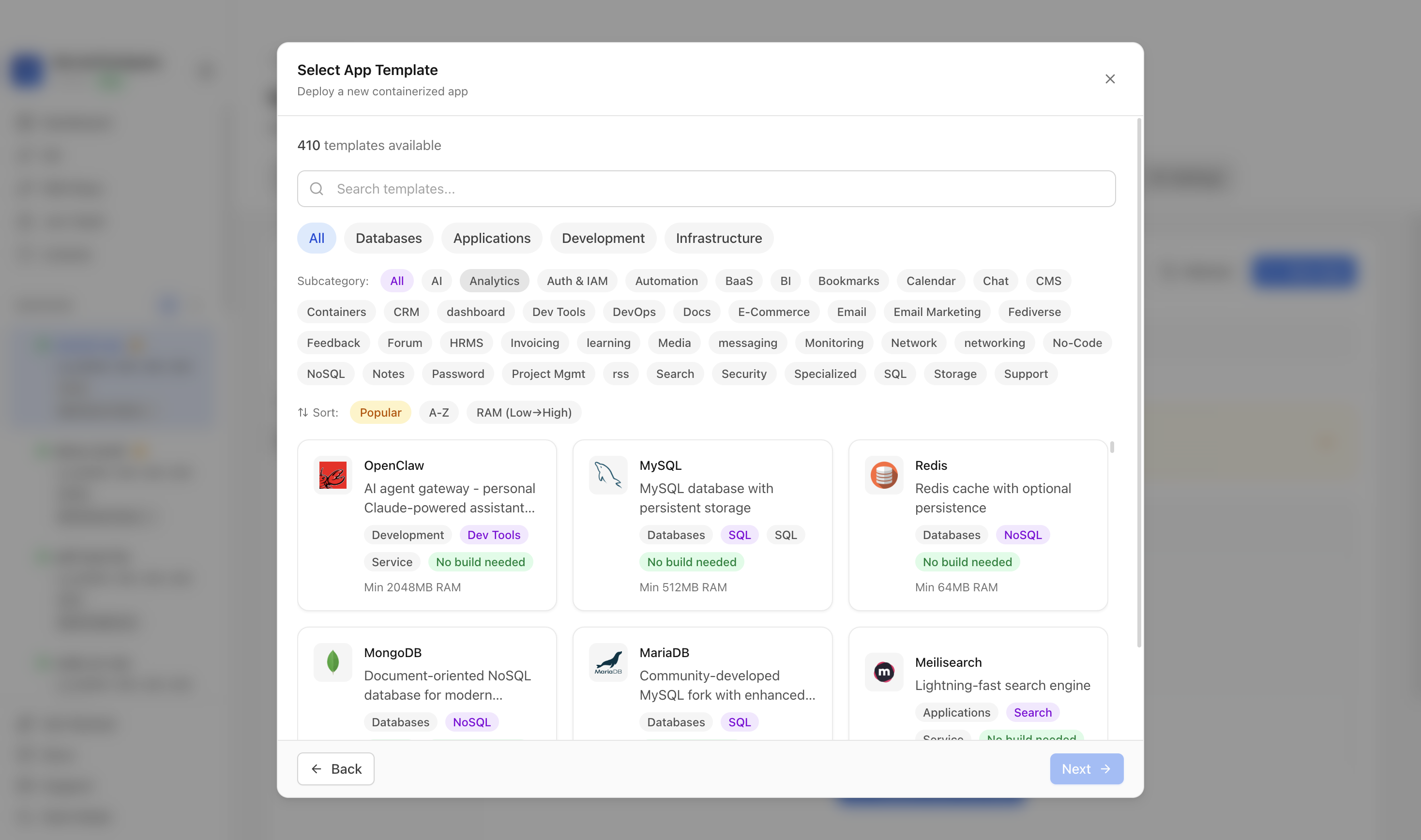 Choosing to deploy an app from a Server Compass template