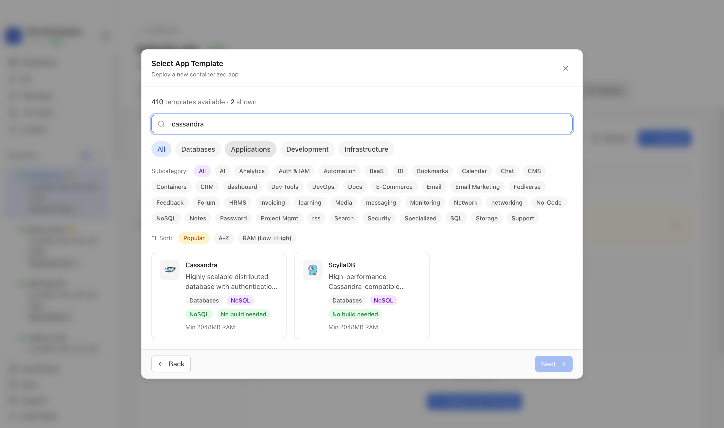 Searching for Cassandra in the Server Compass template picker