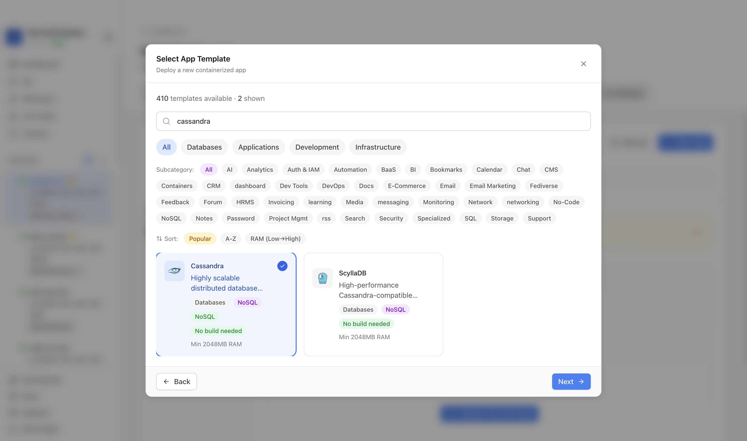Cassandra template selected in Server Compass