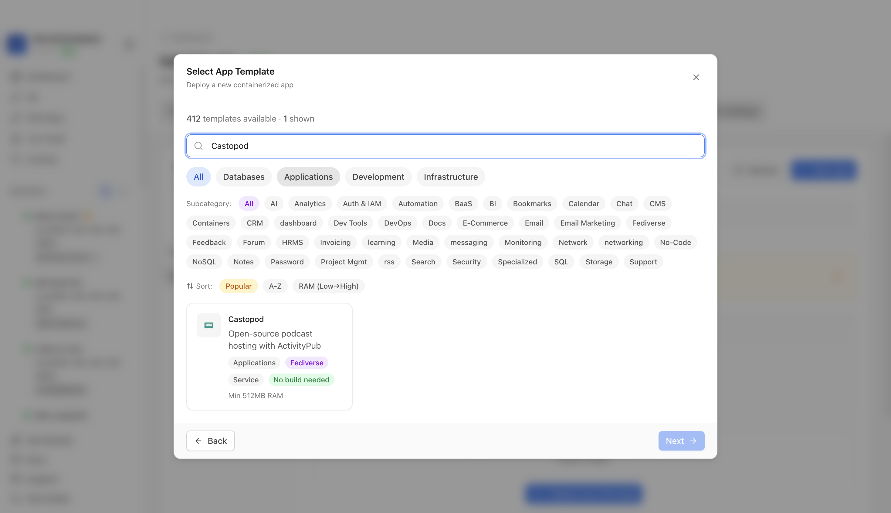 Searching for Castopod in the Server Compass template picker