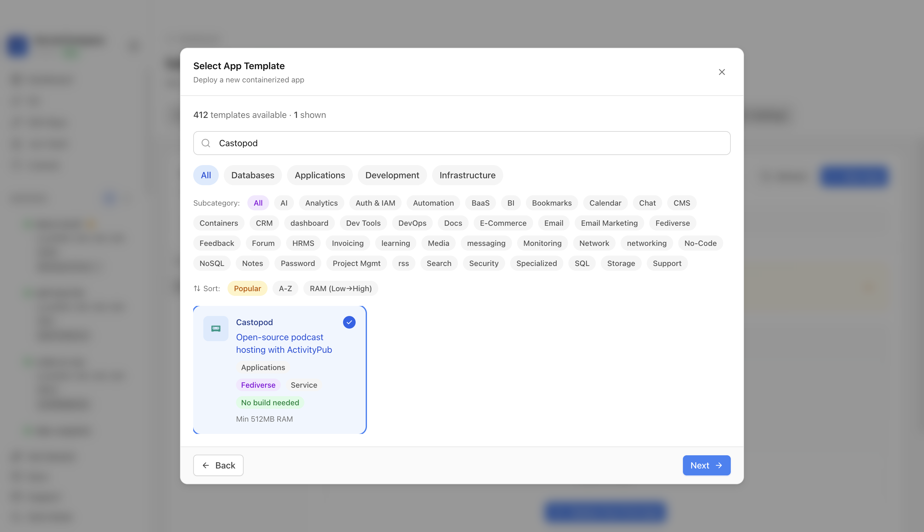 Castopod template selected in Server Compass