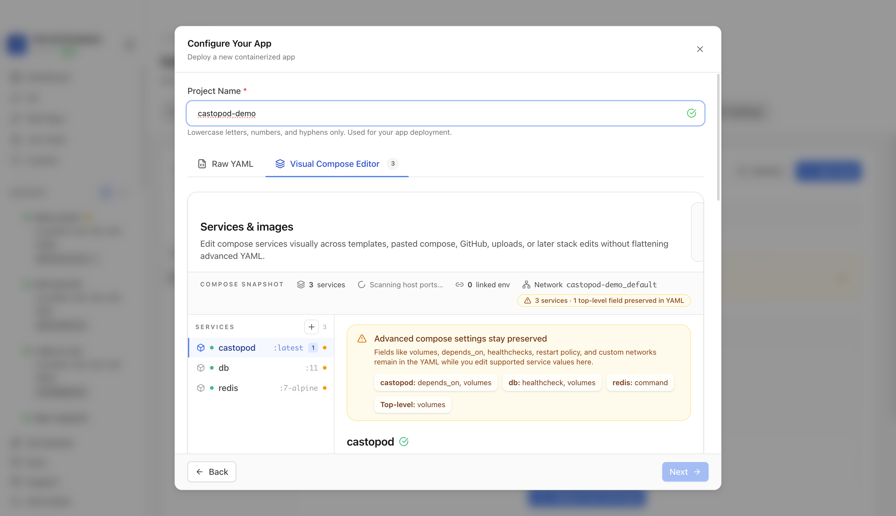 Reviewing Castopod project settings and compose services