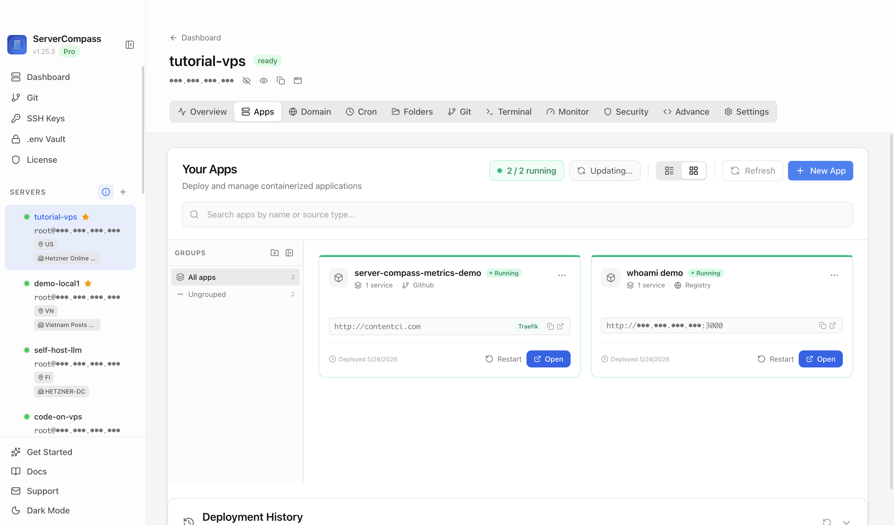 Server Compass Apps tab before creating an Centrifugo app