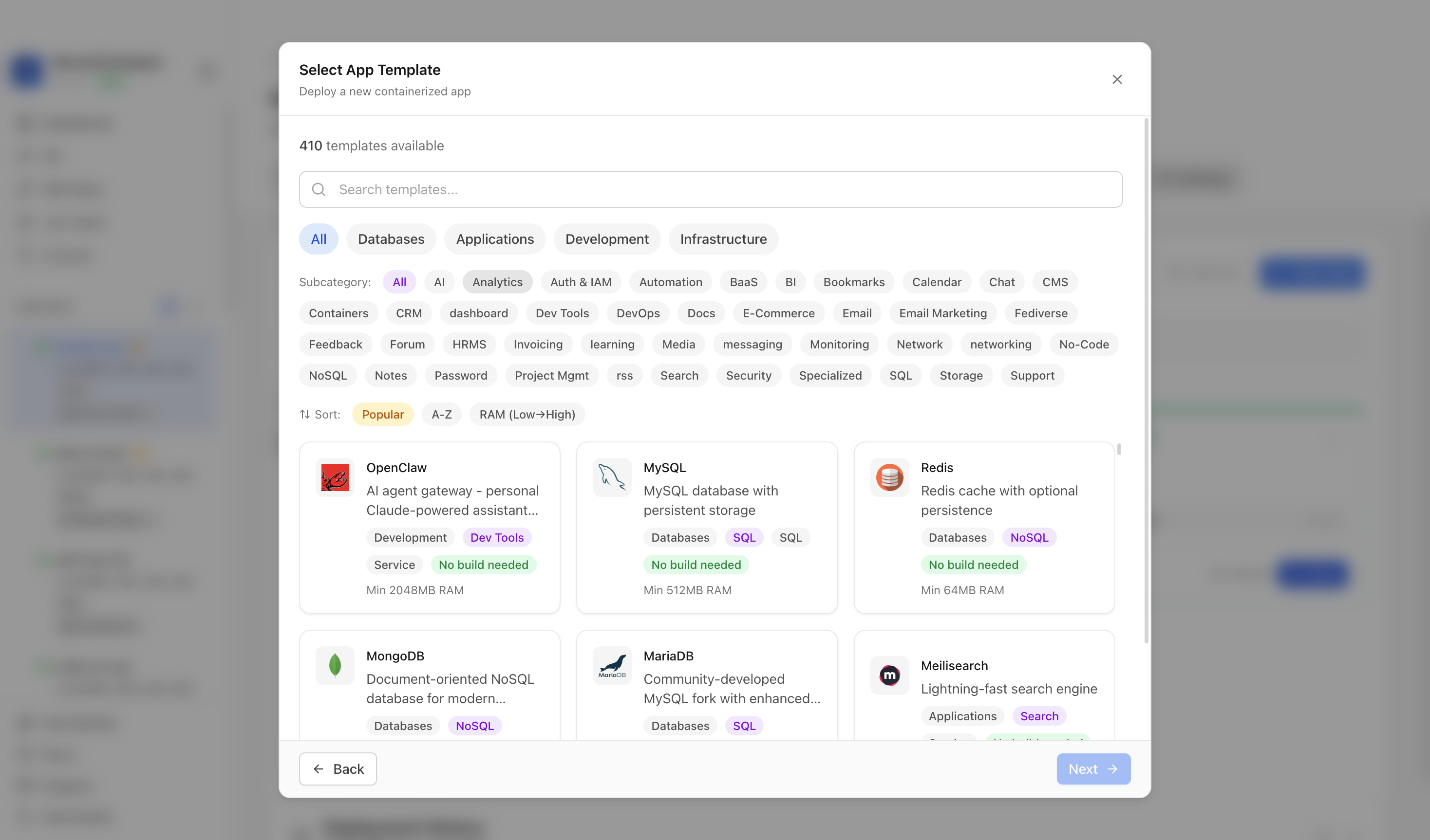 Choosing to deploy an app from a Server Compass template