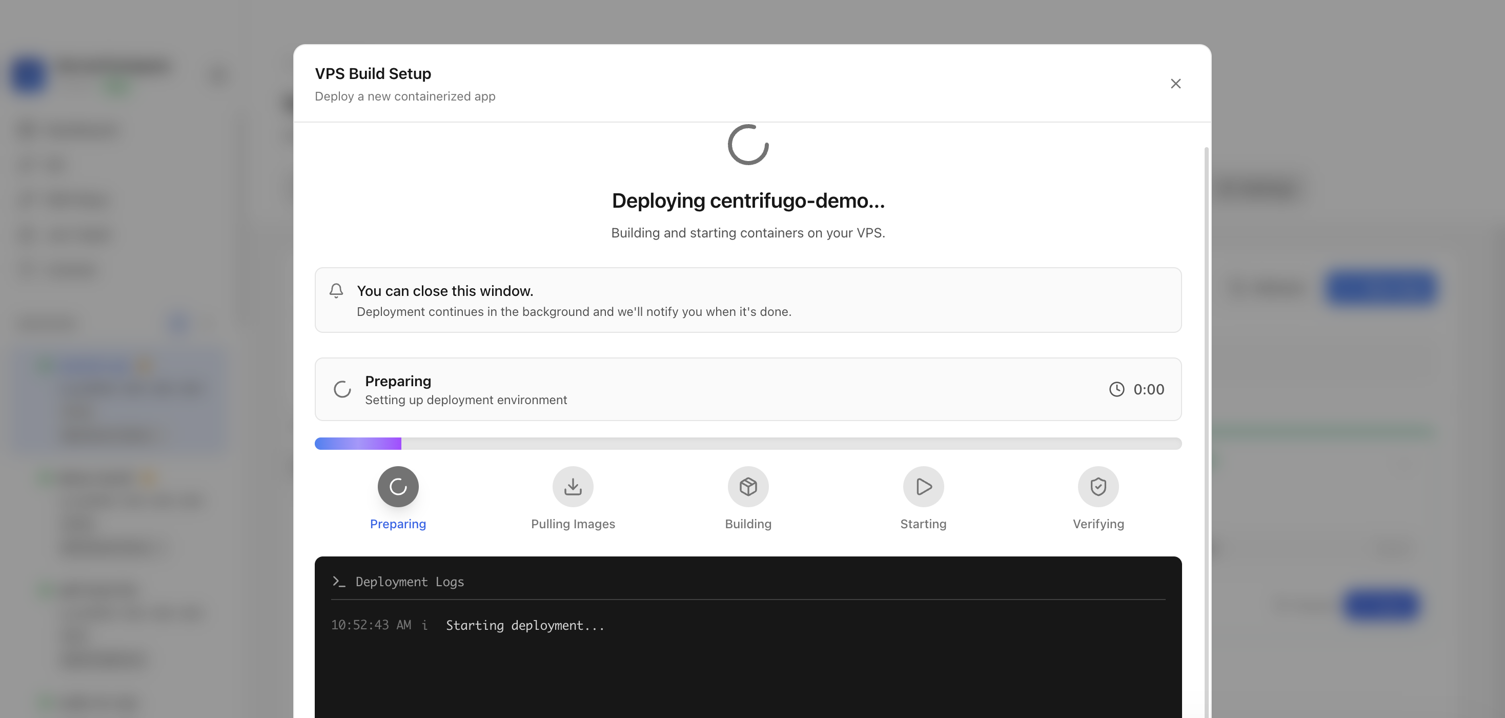 Server Compass deploying the Centrifugo template on the VPS