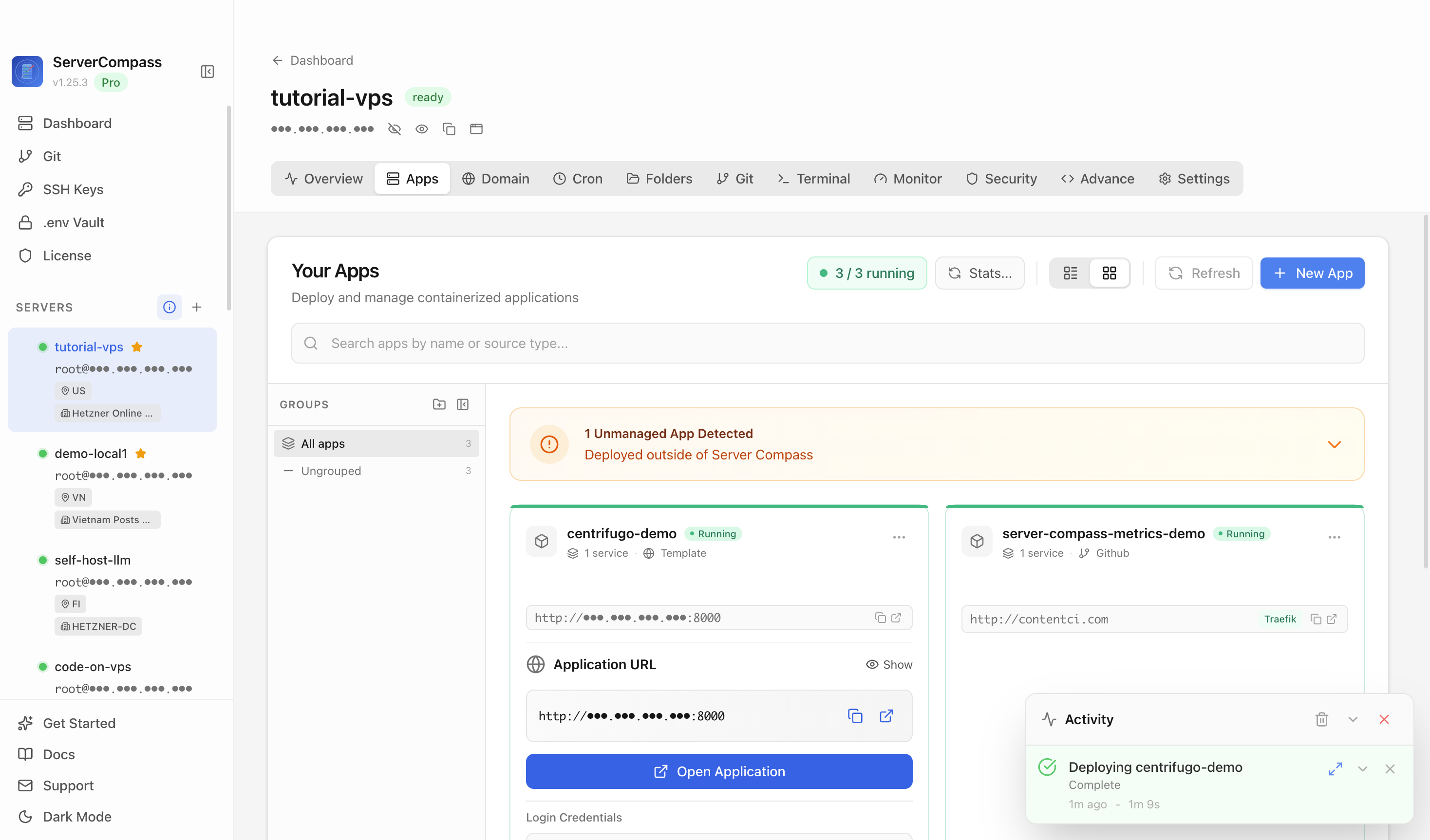 Centrifugo template running in the Server Compass Apps tab