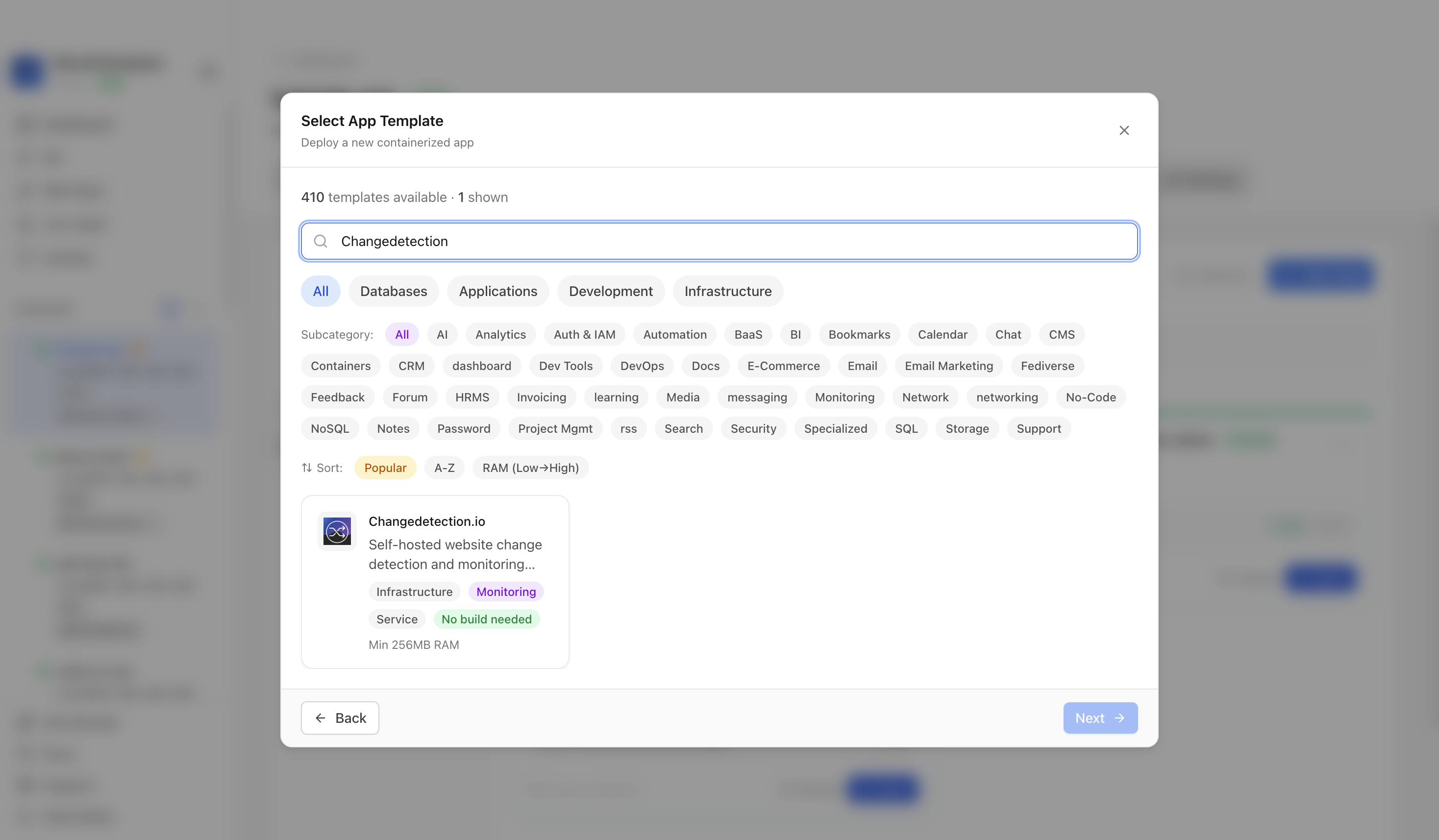 Searching for Changedetection.io in the Server Compass template picker