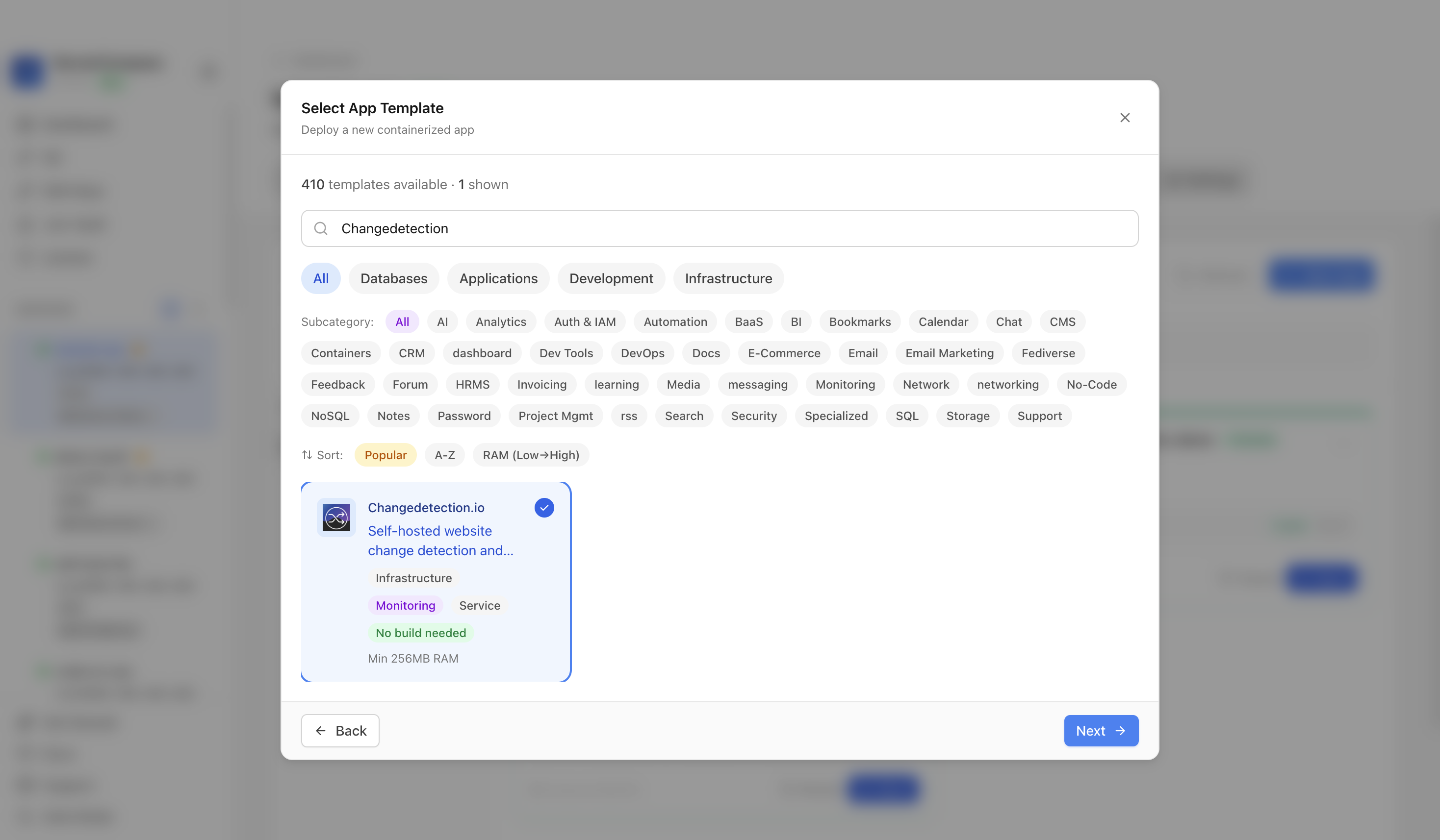 Changedetection.io template selected in Server Compass