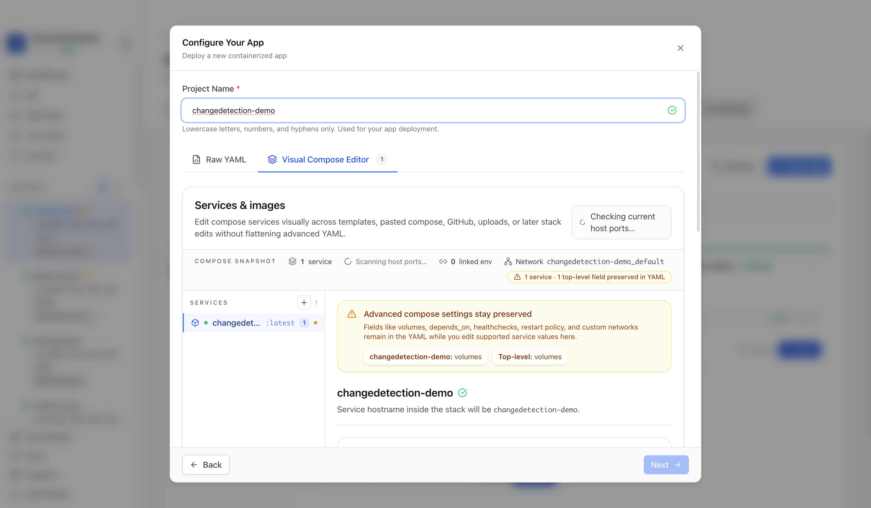 Reviewing Changedetection.io project settings and compose service