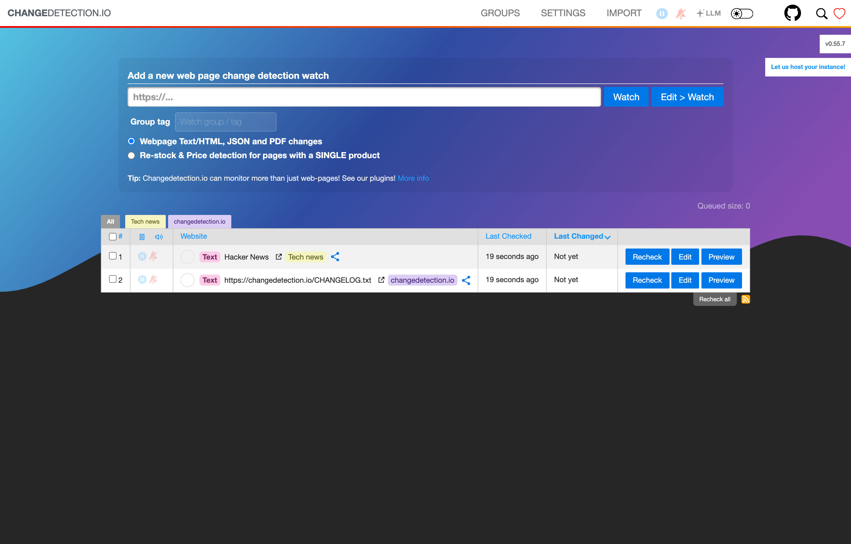 The deployed Changedetection.io web UI loaded in a browser