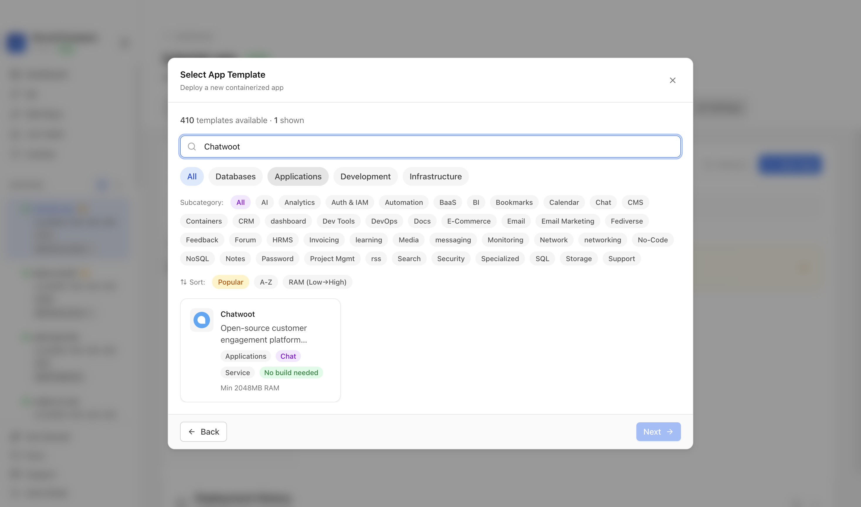 Searching for Chatwoot in the Server Compass template picker