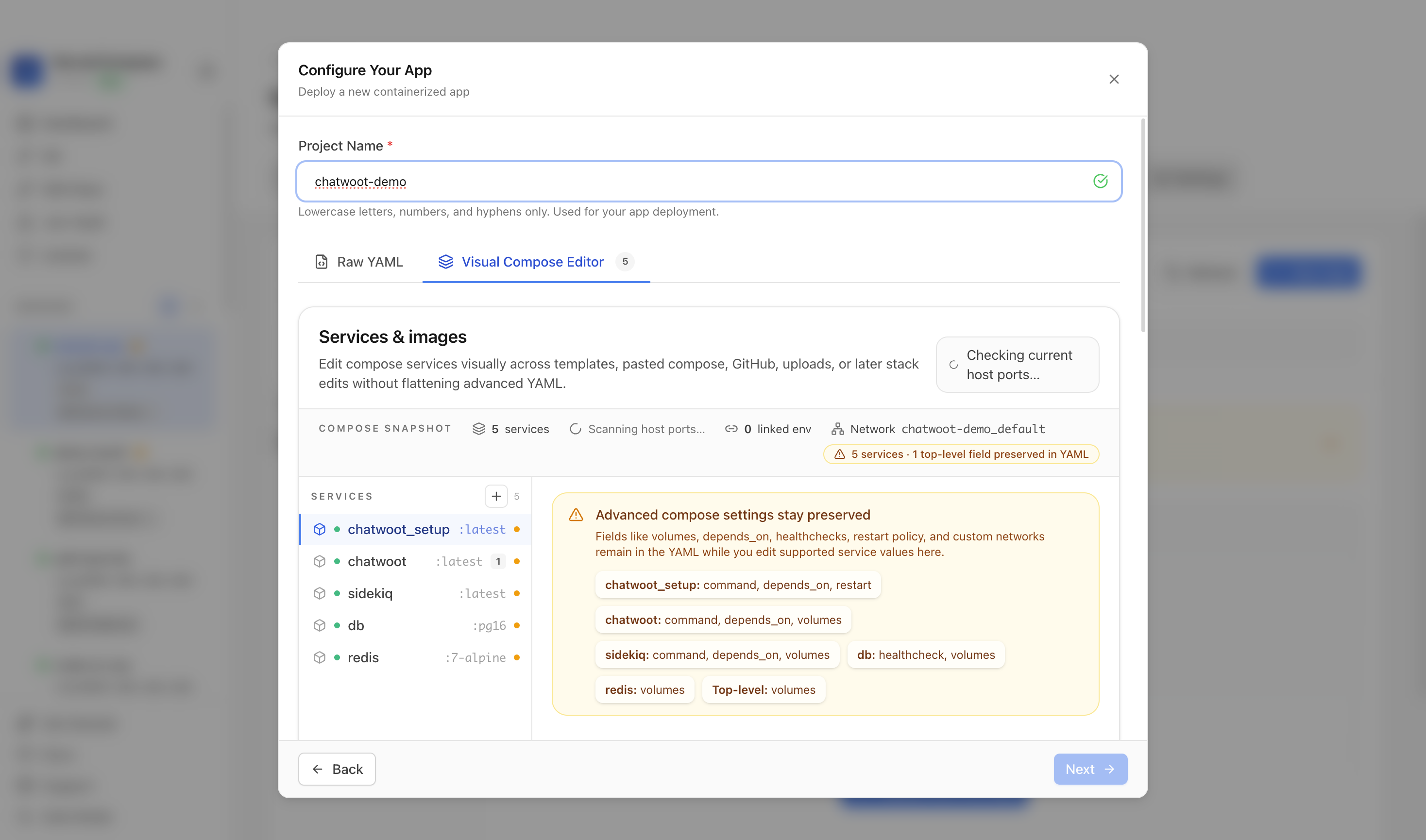 Reviewing Chatwoot project settings and compose services
