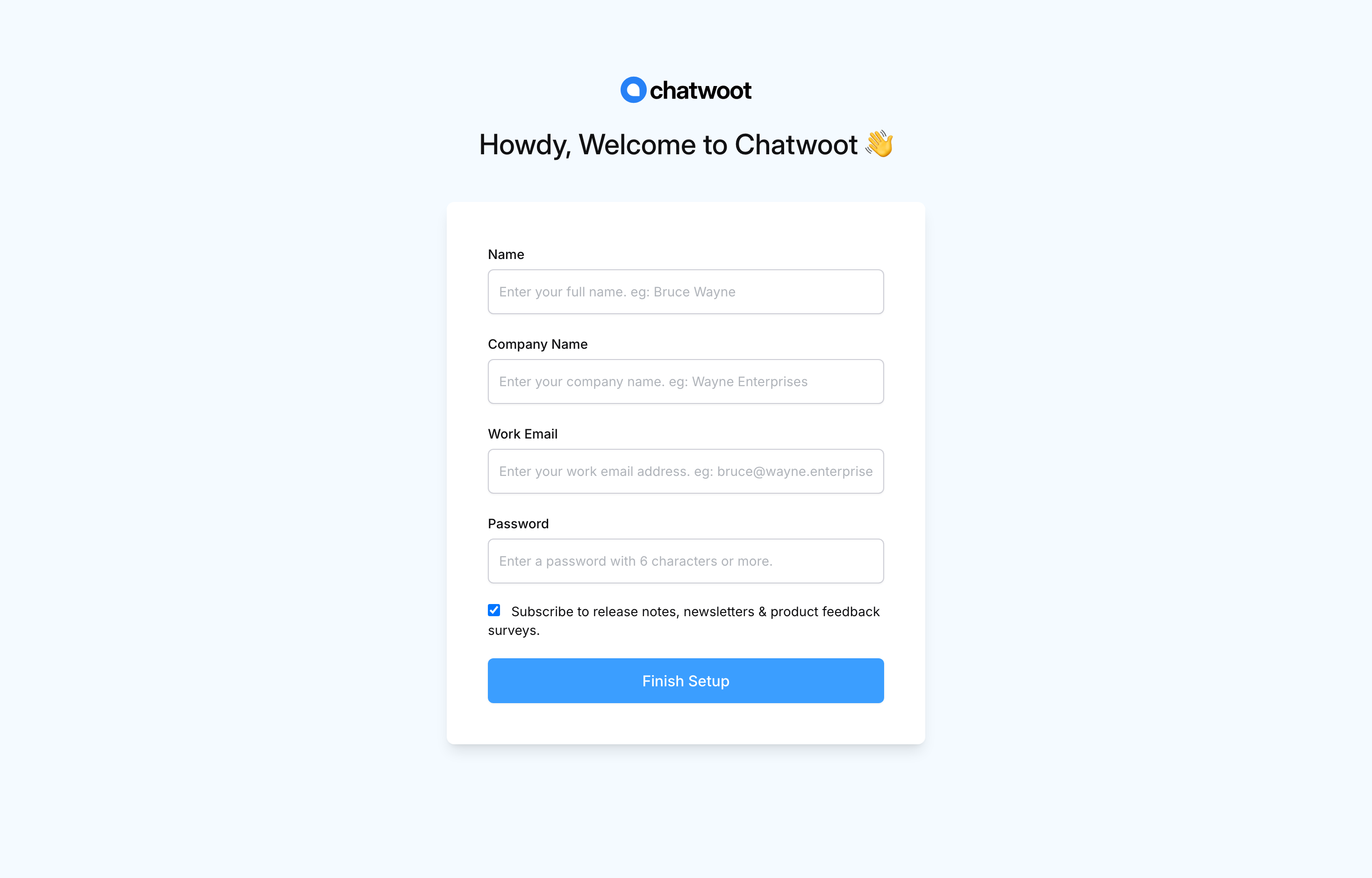 The deployed Chatwoot web UI loaded in a browser