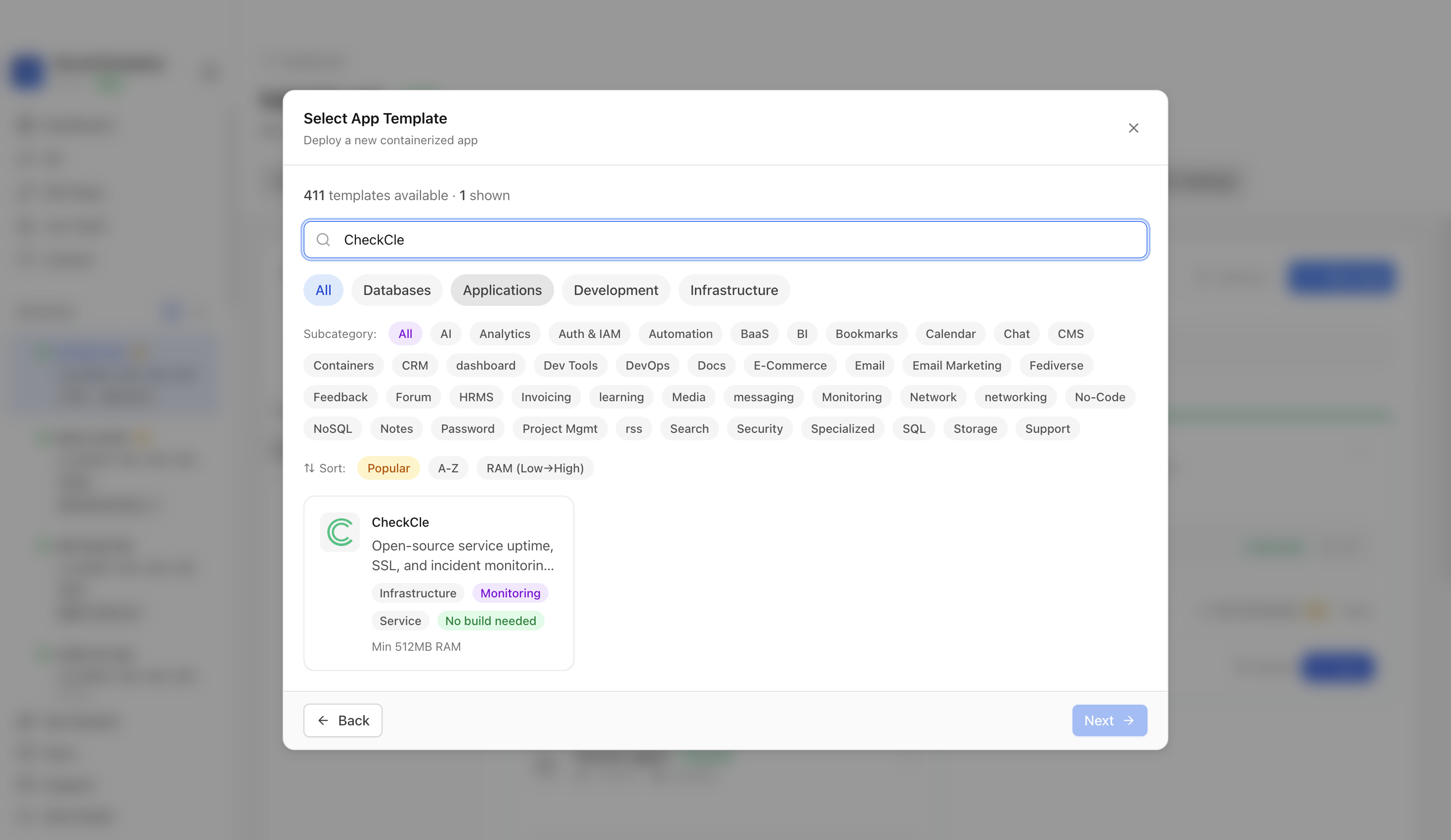 Searching for CheckCle in the Server Compass template picker