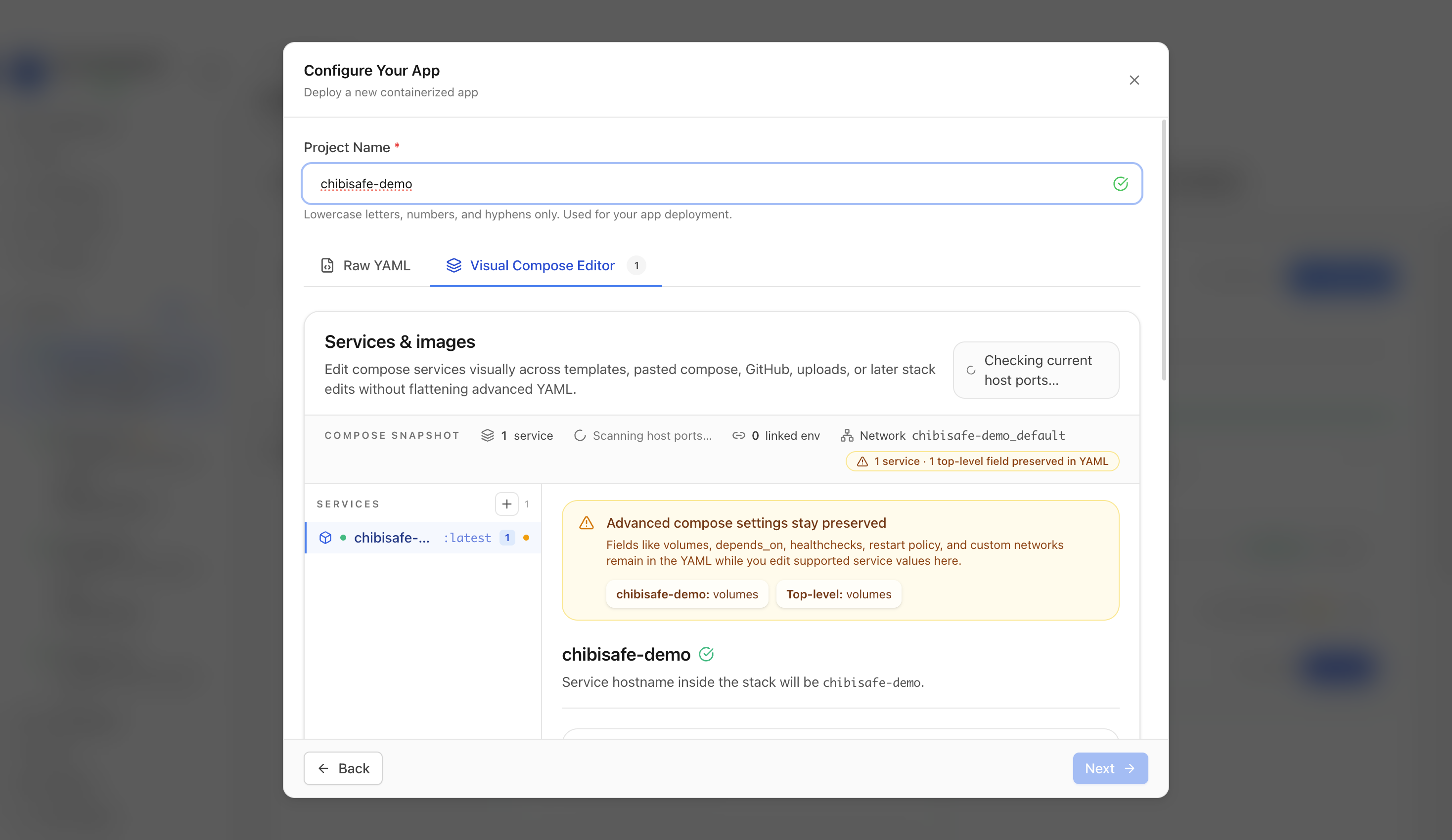 Reviewing Chibisafe project settings and compose service