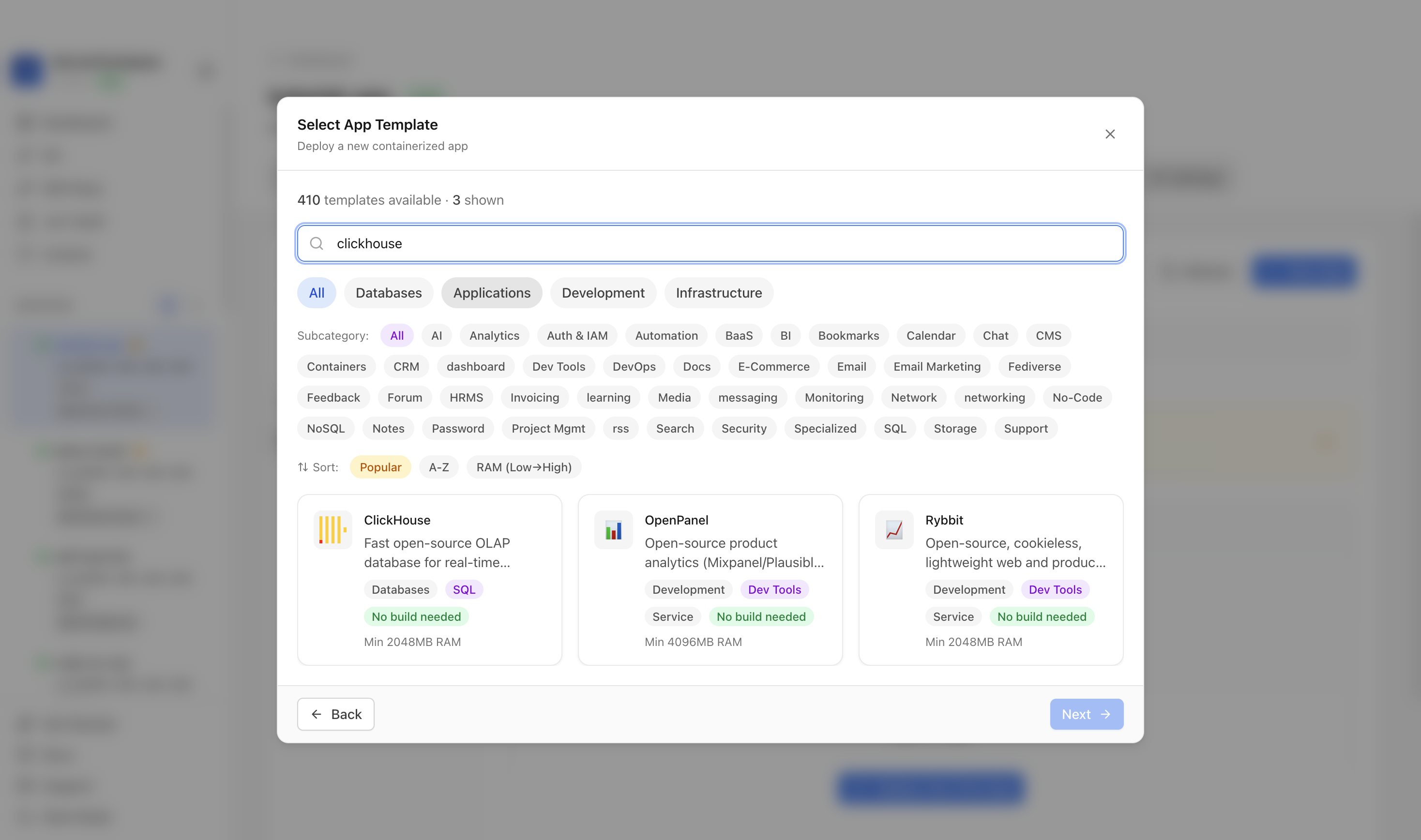 Searching for ClickHouse in the Server Compass template picker