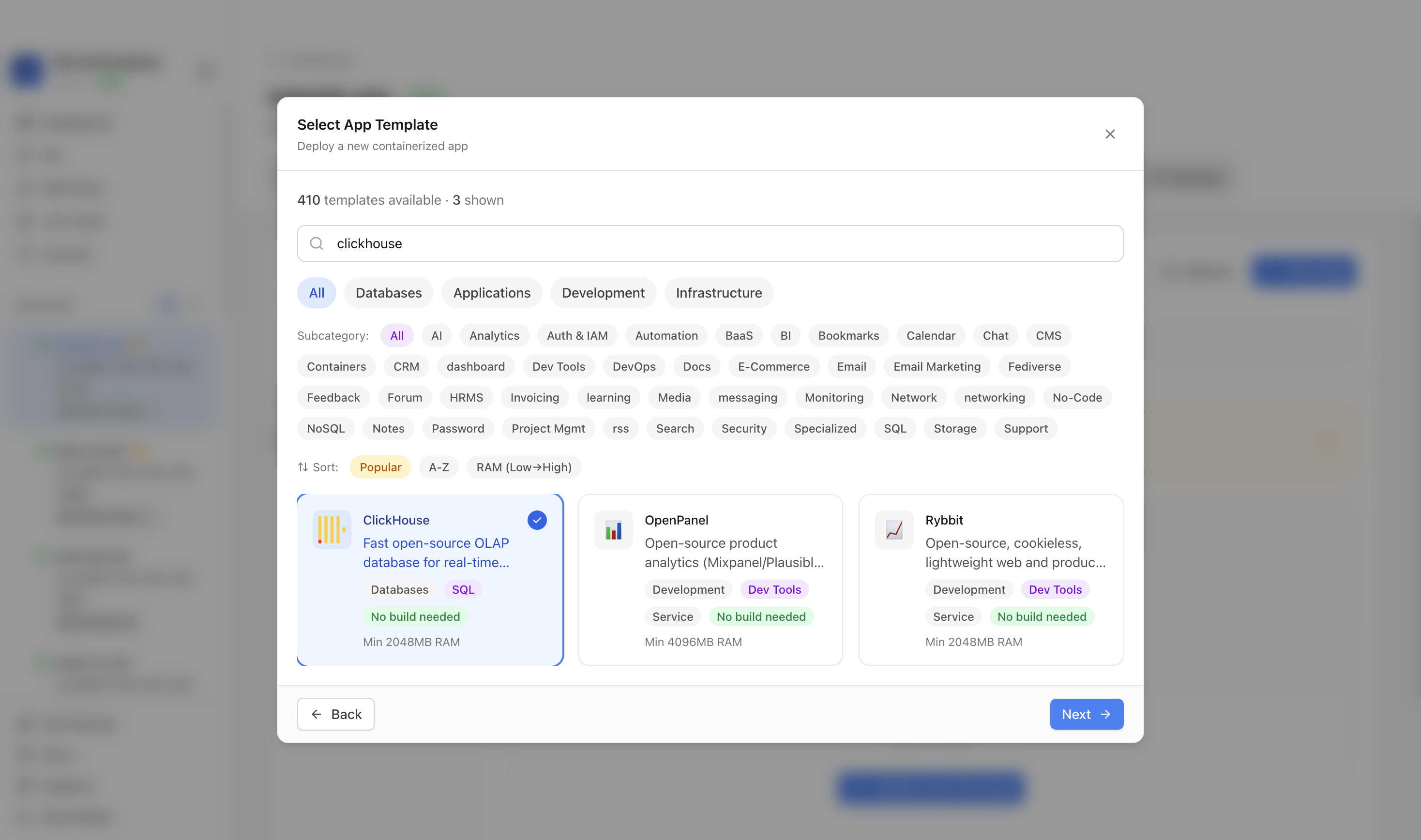 ClickHouse template selected in Server Compass