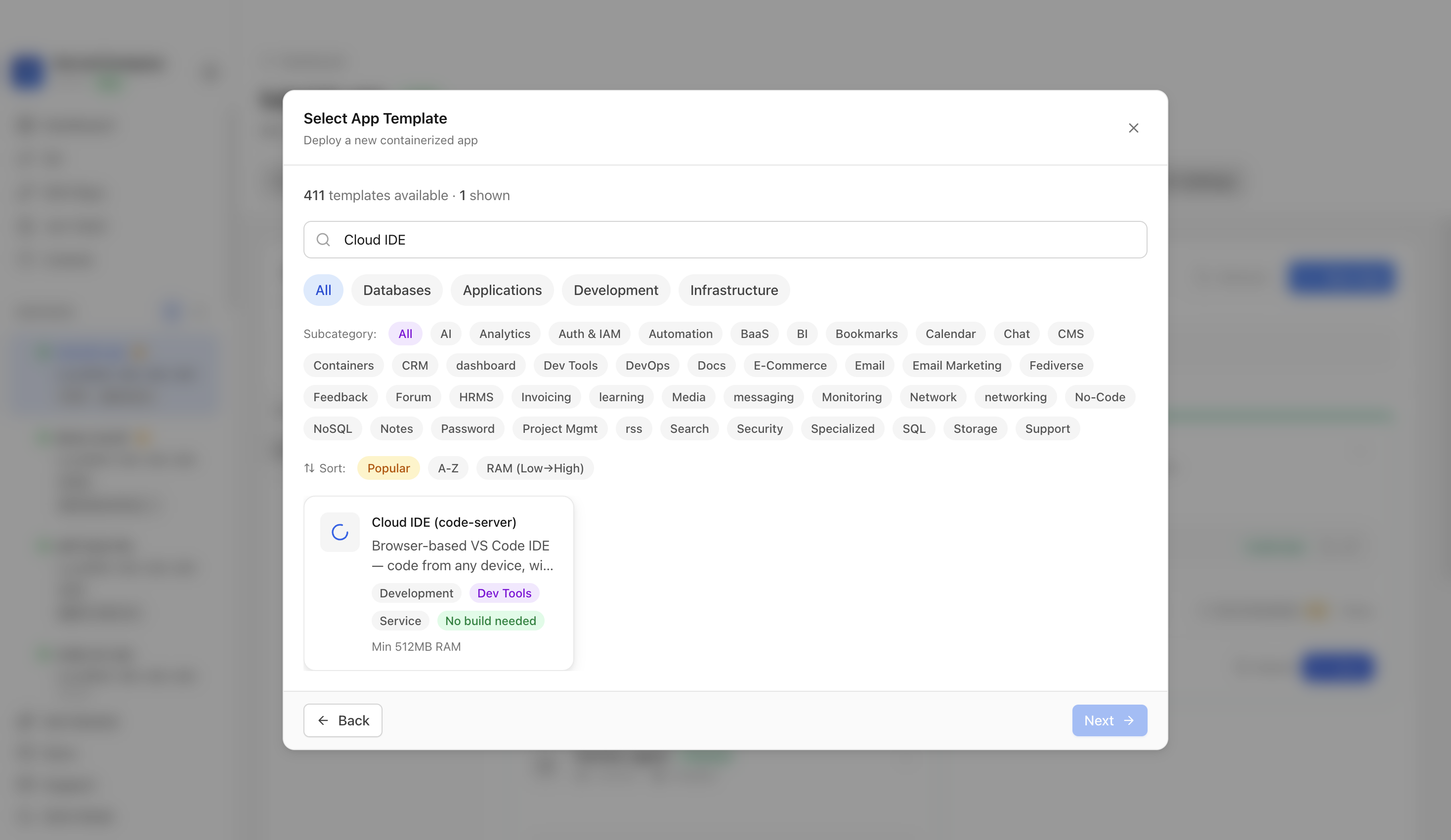 Cloud IDE template selected in Server Compass