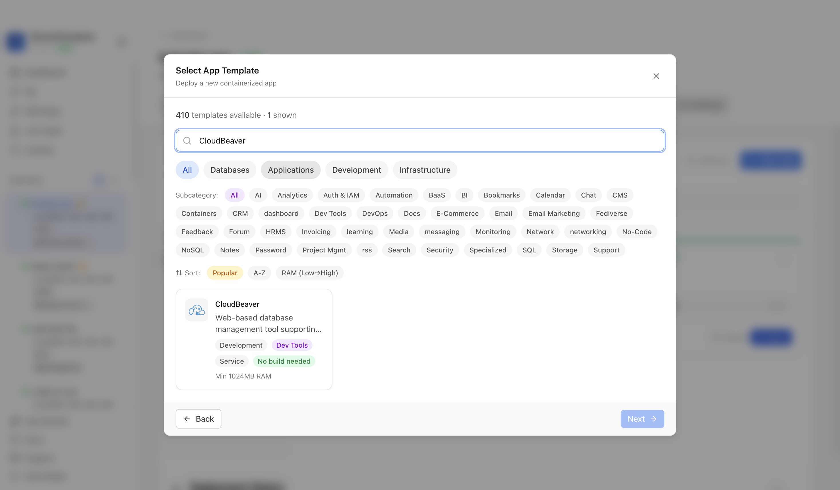 Searching for CloudBeaver in the Server Compass template picker