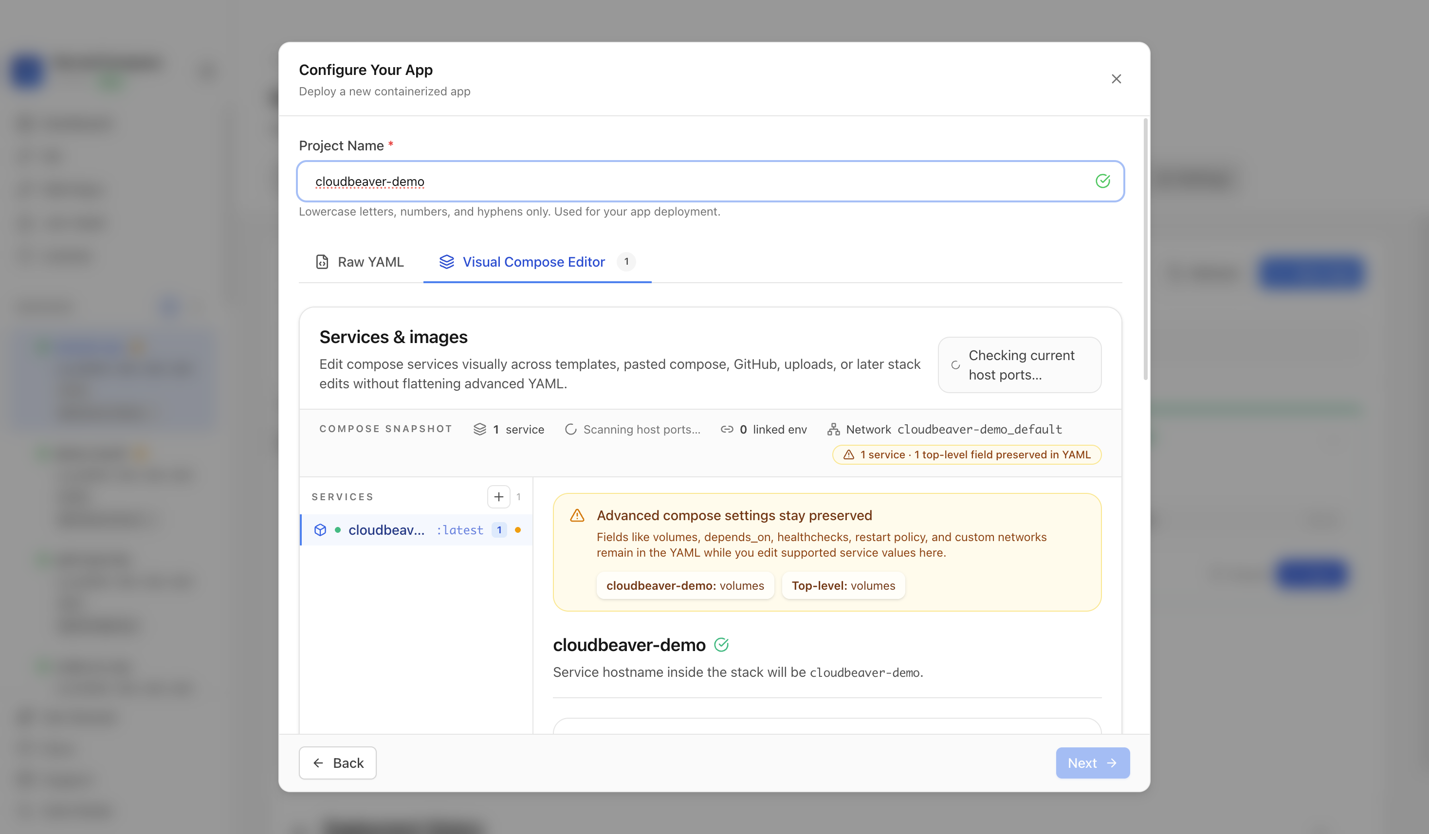 Reviewing CloudBeaver project settings and compose services