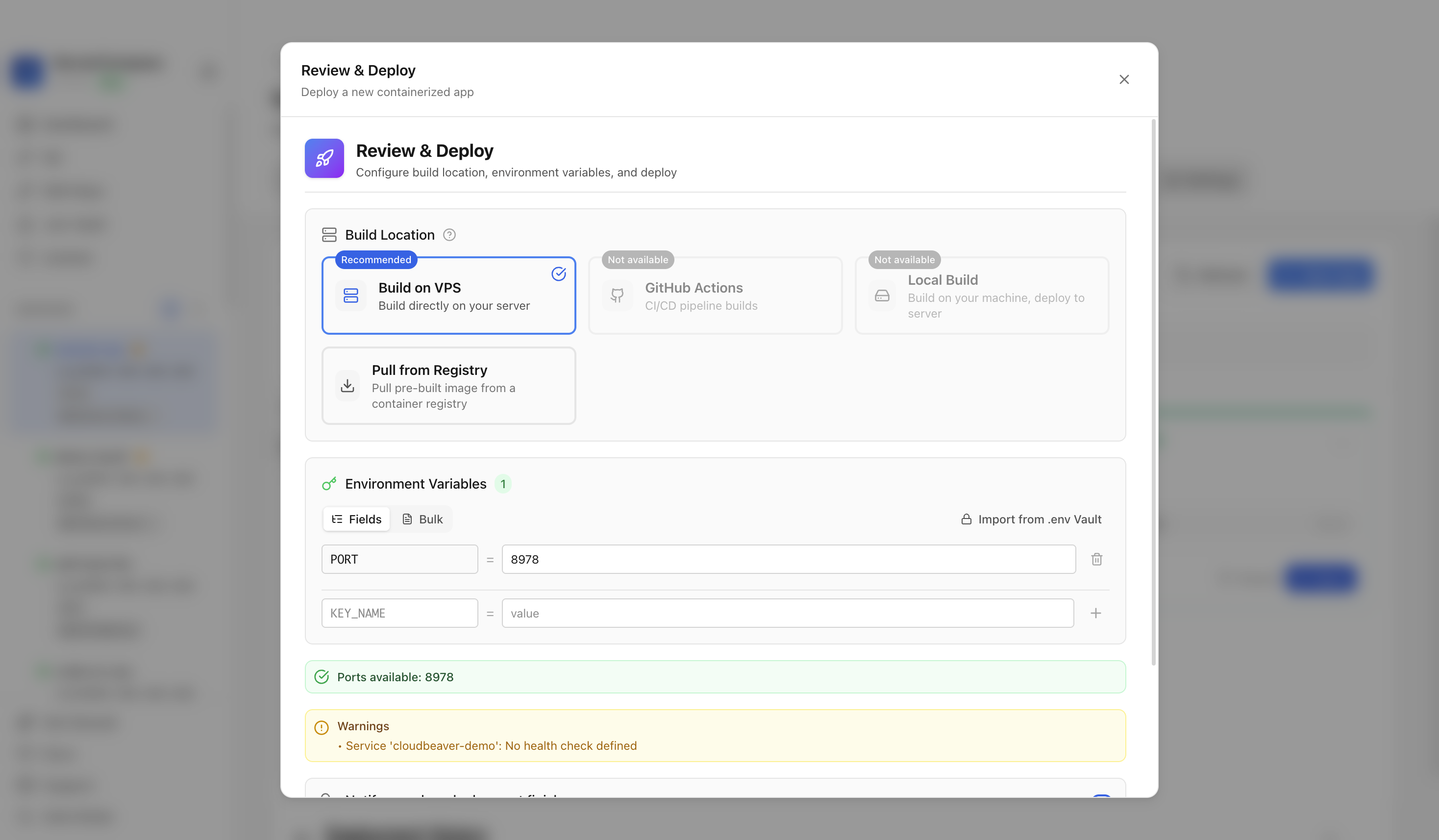 Reviewing CloudBeaver environment variables and port before deployment