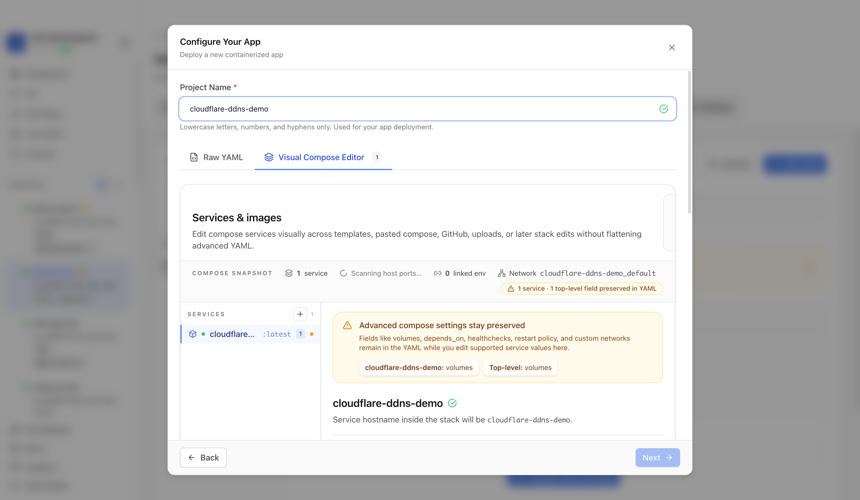Reviewing Cloudflare DDNS project settings and compose service