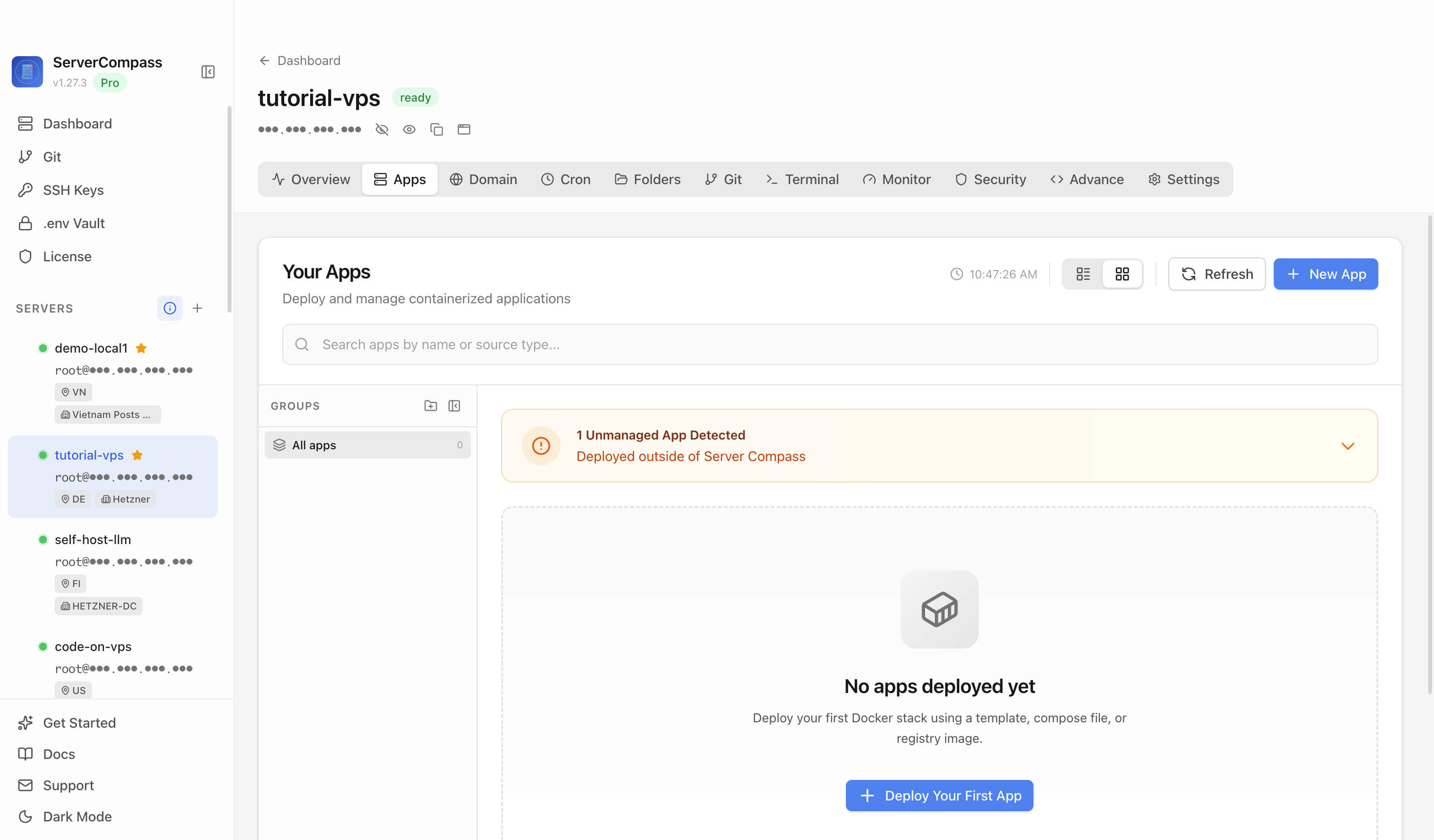 Server Compass Apps tab before creating a Cloudflared app