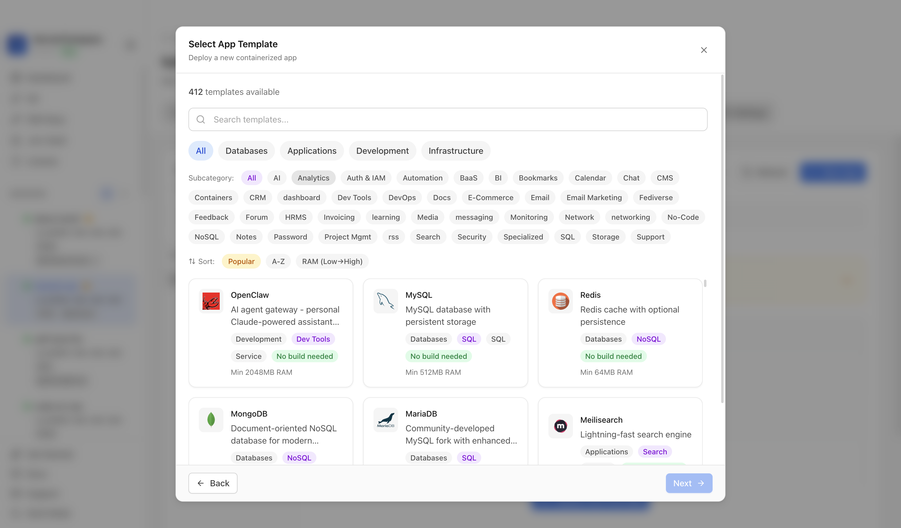 Choosing to deploy an app from a Server Compass template