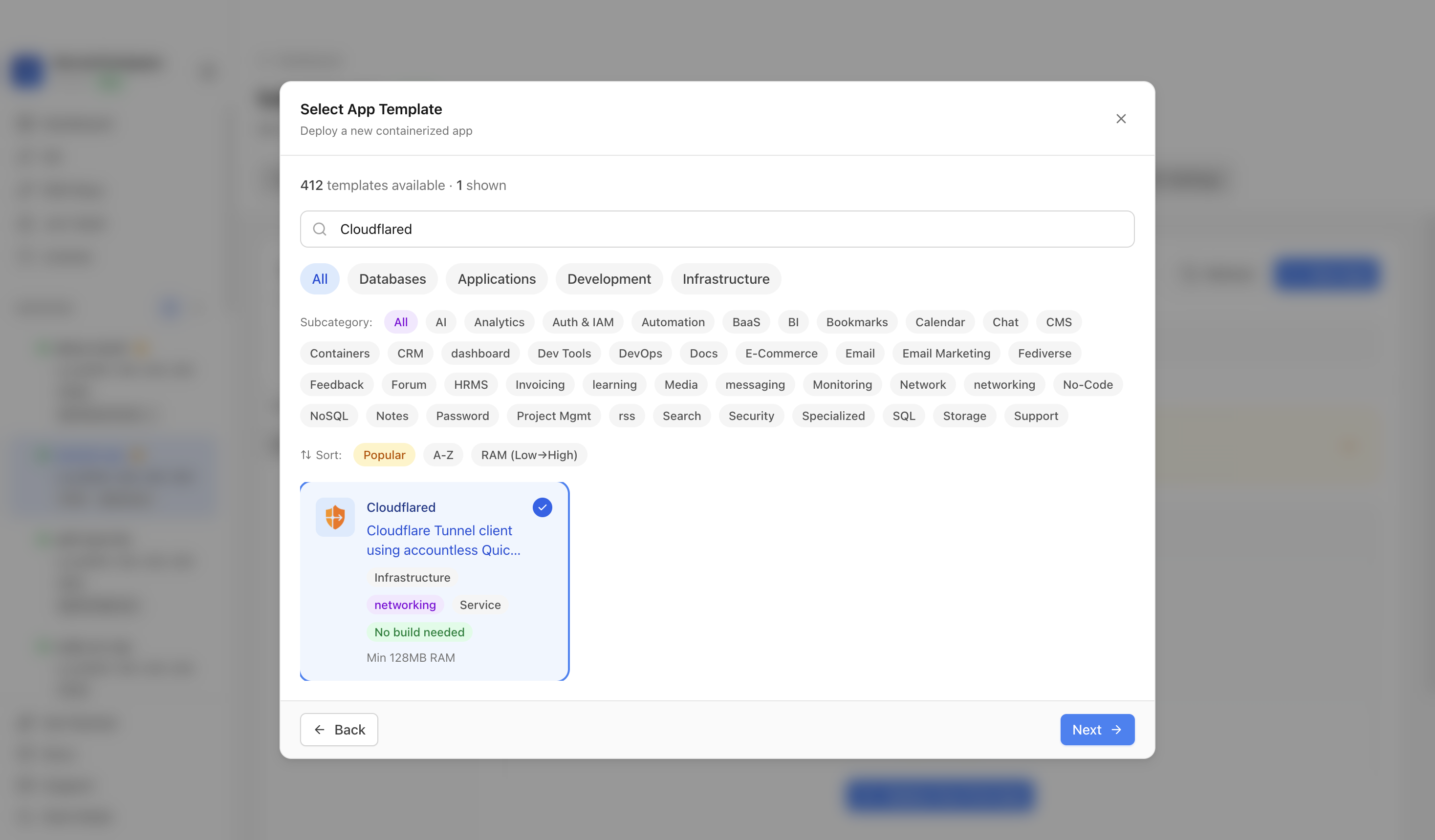 Cloudflared template selected in Server Compass