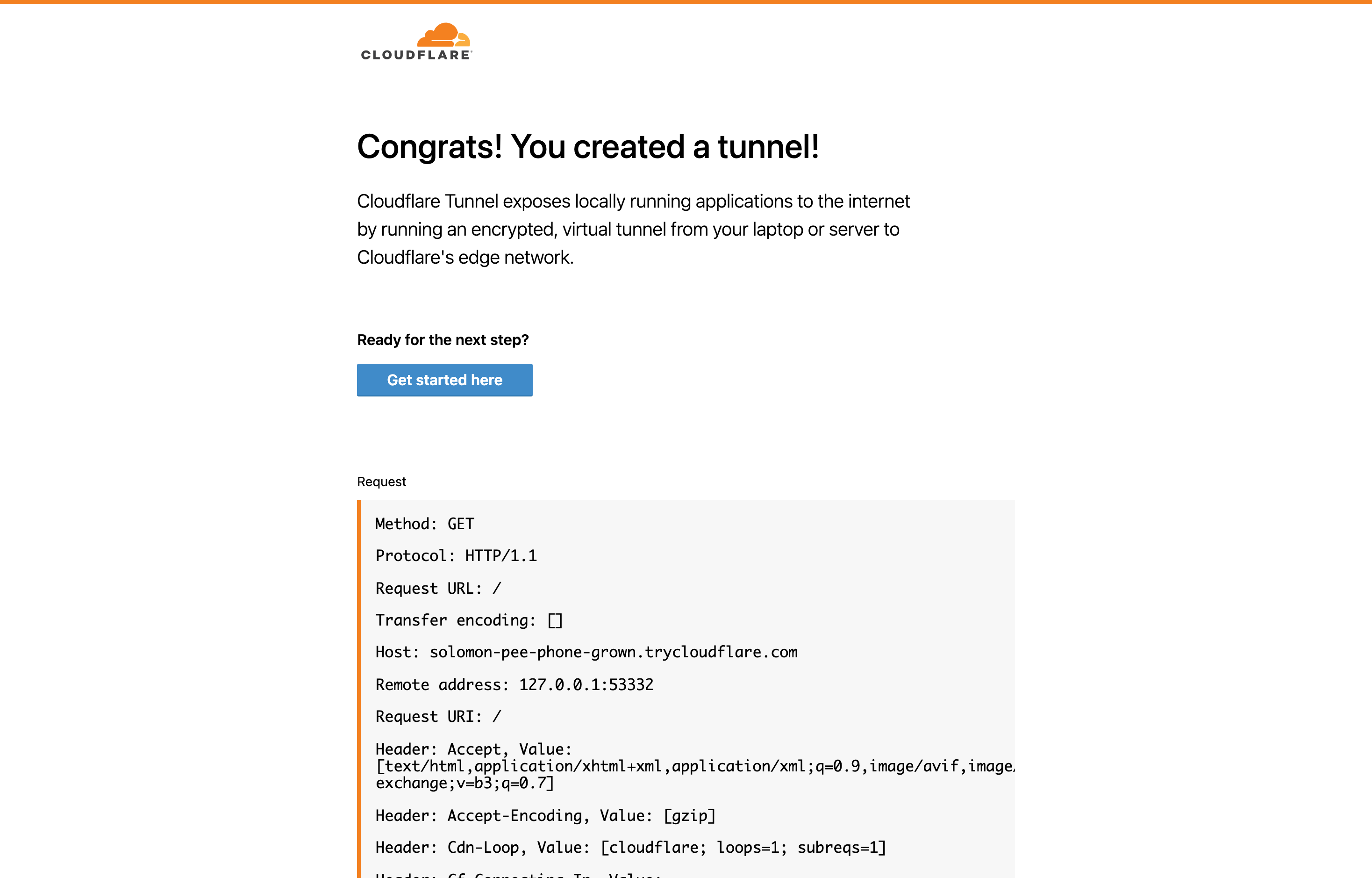 The generated Cloudflare Quick Tunnel URL loaded in a browser