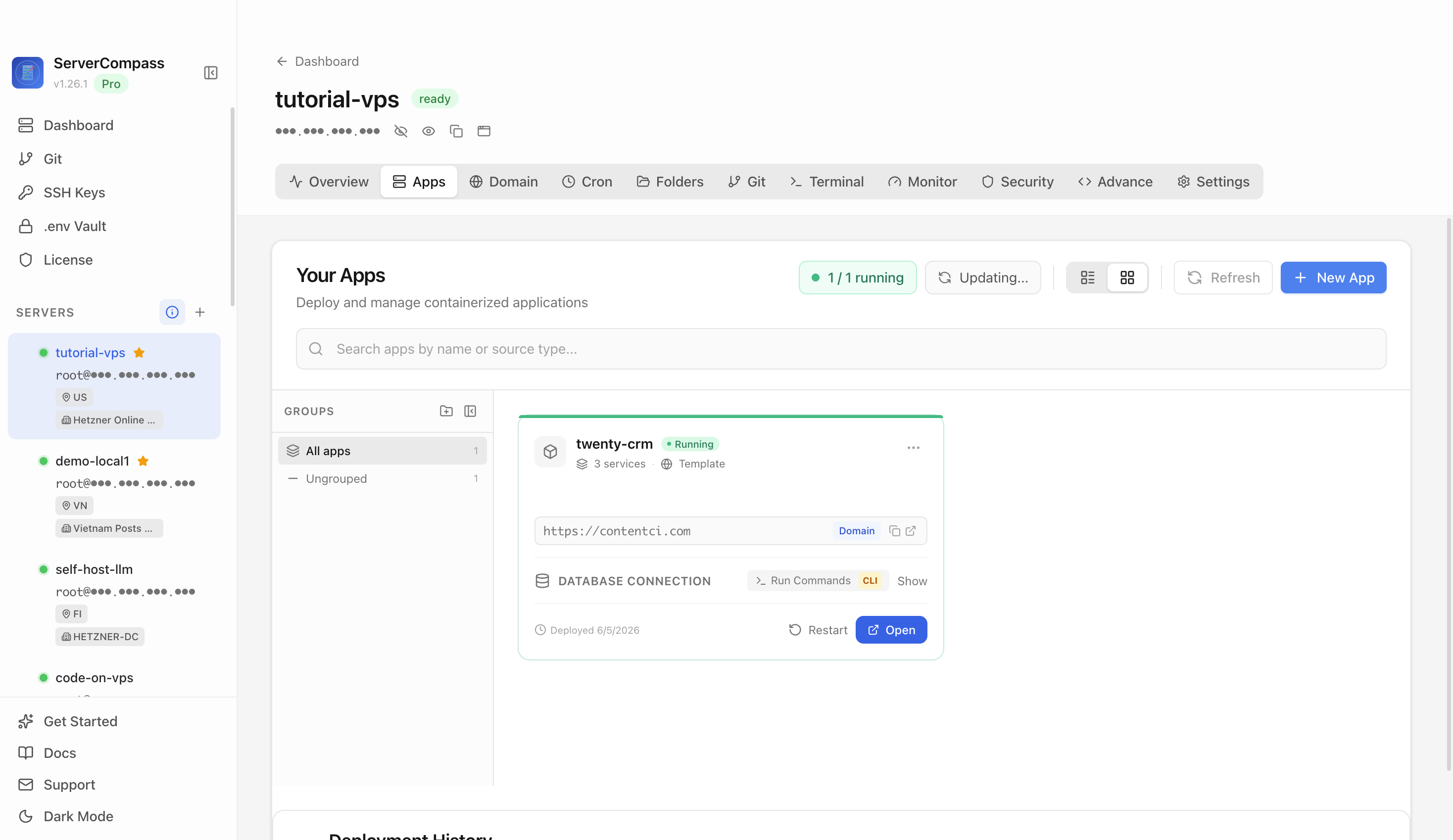 Server Compass Apps tab before creating a Code Server app