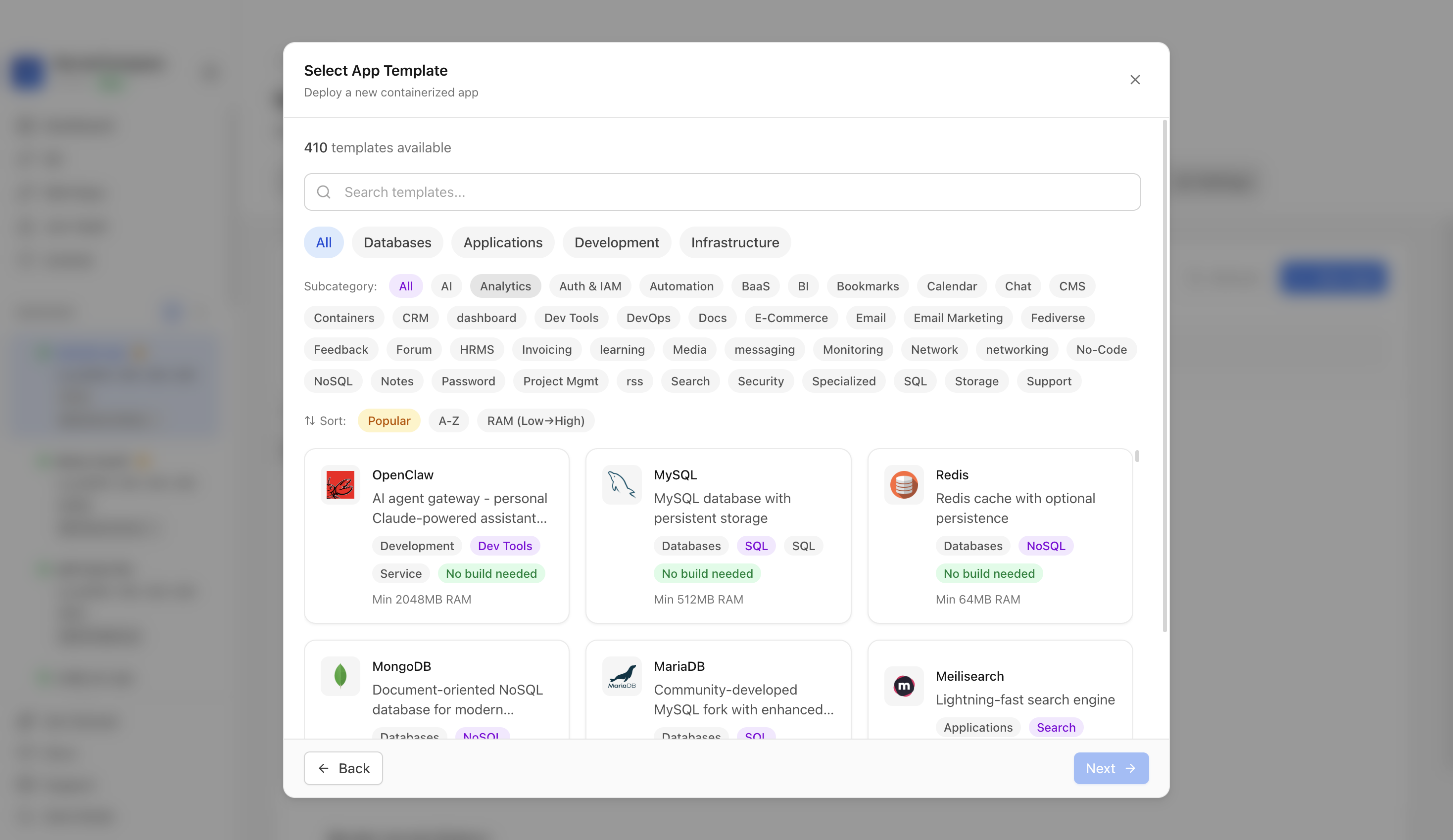 Choosing to deploy an app from a Server Compass template
