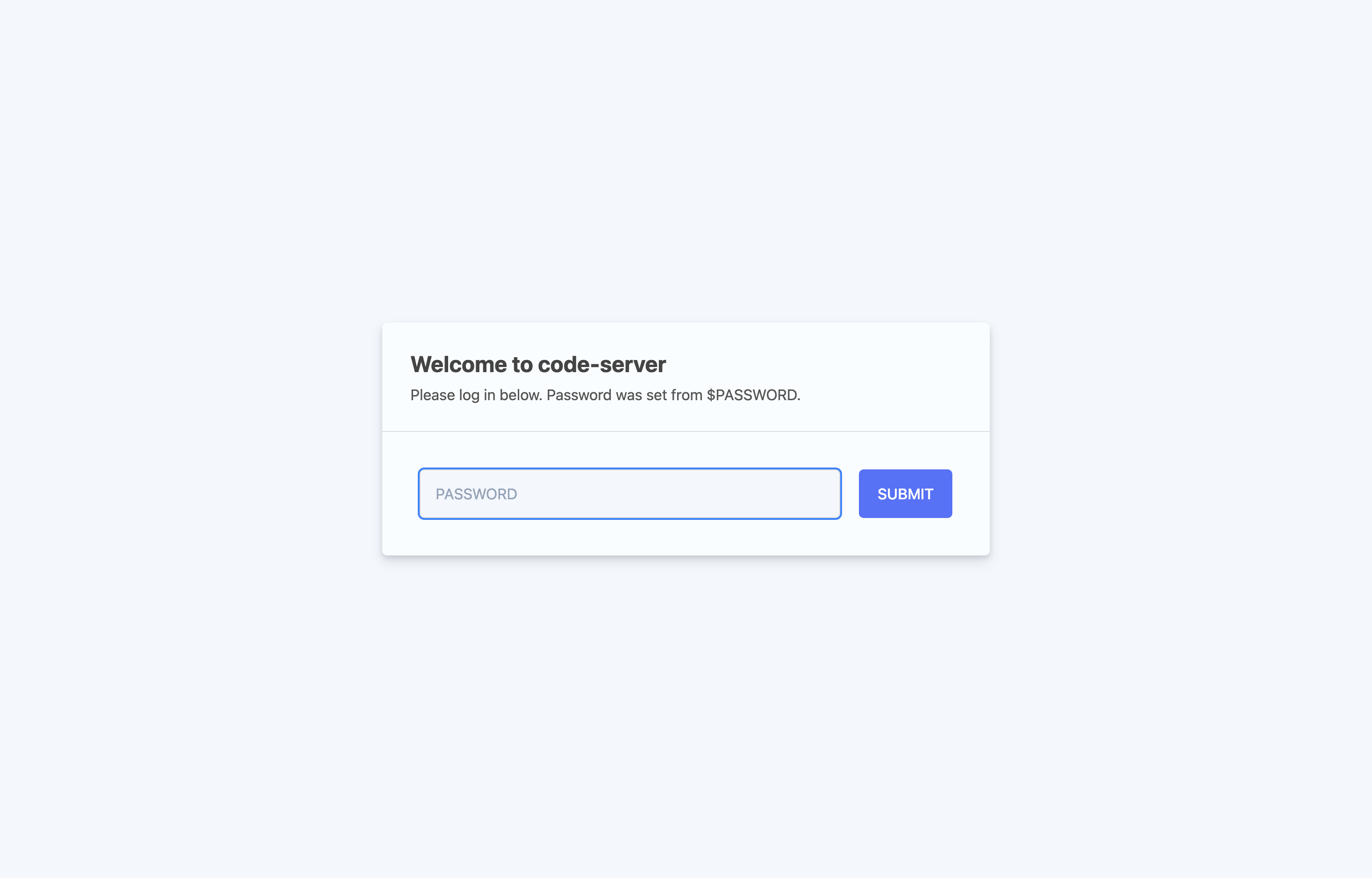 The deployed Code Server login screen loaded in a browser