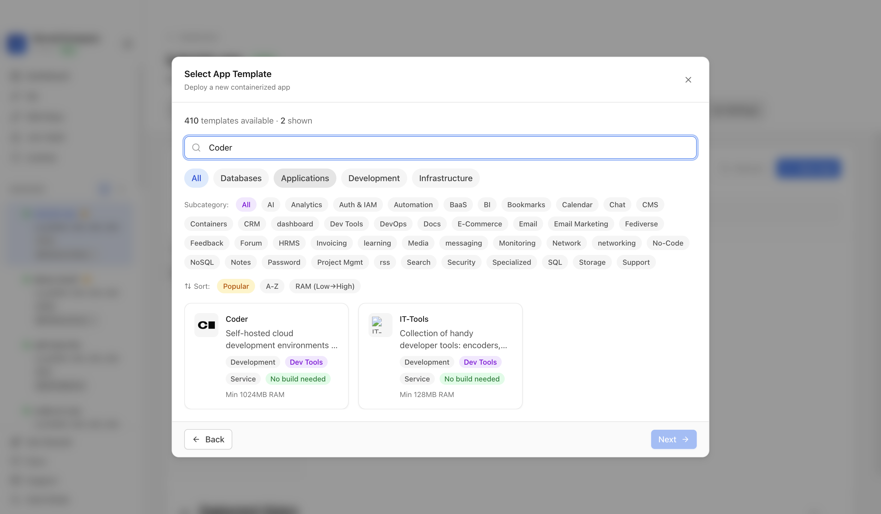 Searching for Coder in the Server Compass template picker